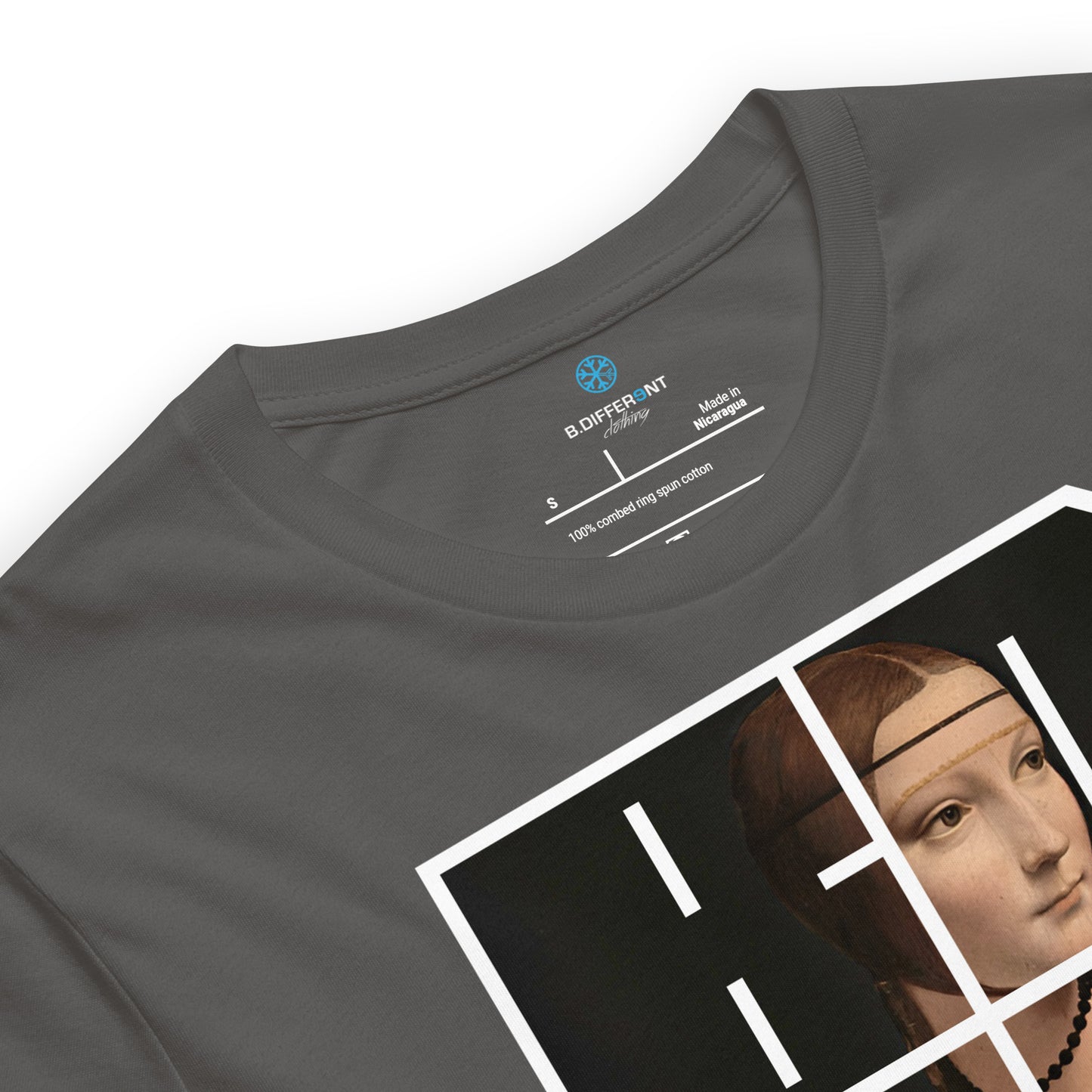 Gray-BDFRNT Blockbuster x Lady With Ermine Graffiti Tee from B.Different Clothing, collar, graffiti-inspired streetwear t-shirt
