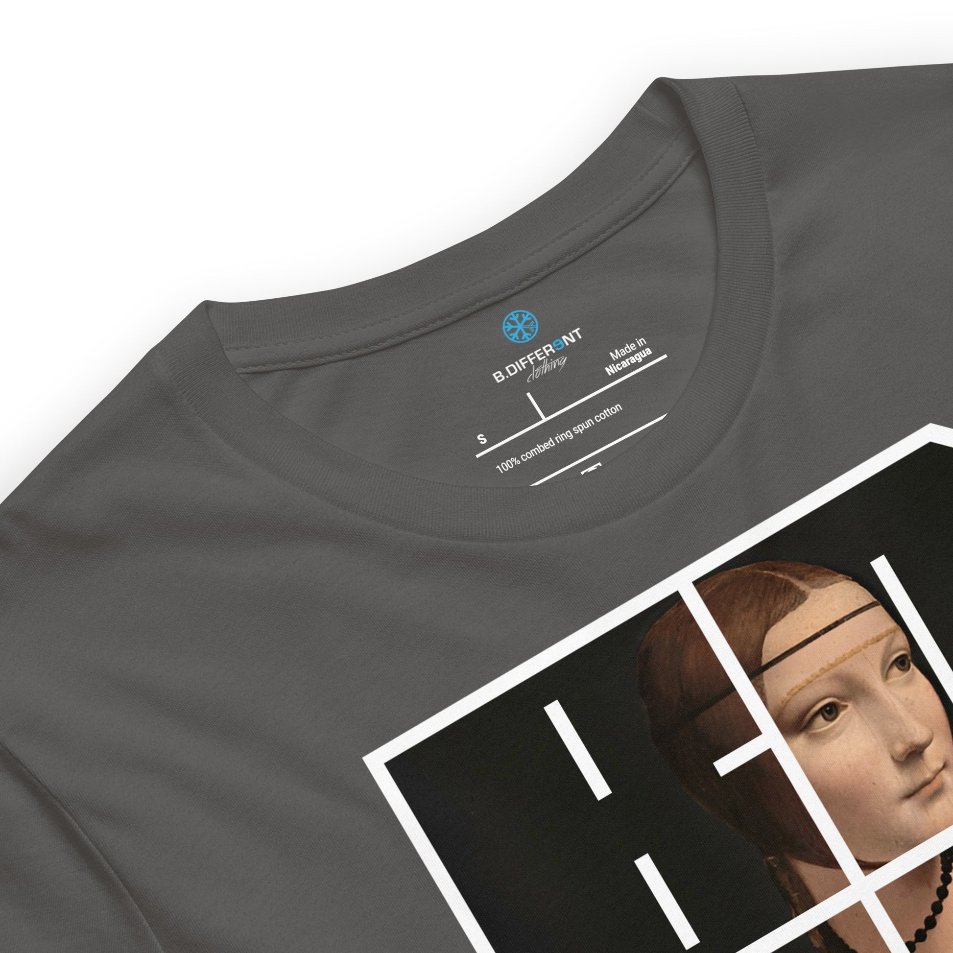 Gray-BDFRNT Blockbuster x Lady With Ermine Graffiti Tee from B.Different Clothing, collar, graffiti-inspired streetwear t-shirt