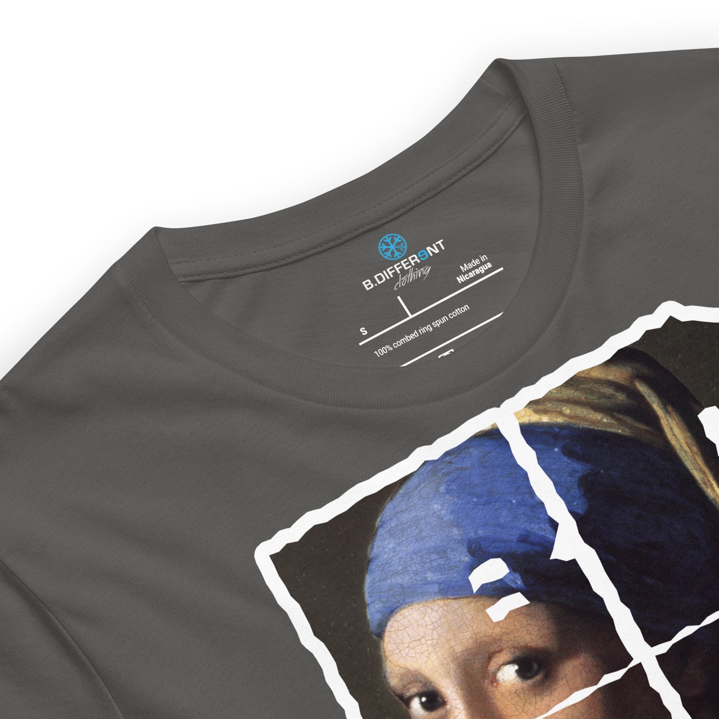Dark Gray-BDFRNT Blockbuster x Girl With Pearl Earring Tee from B.Different Clothing, detail view, graffiti-inspired streetwear