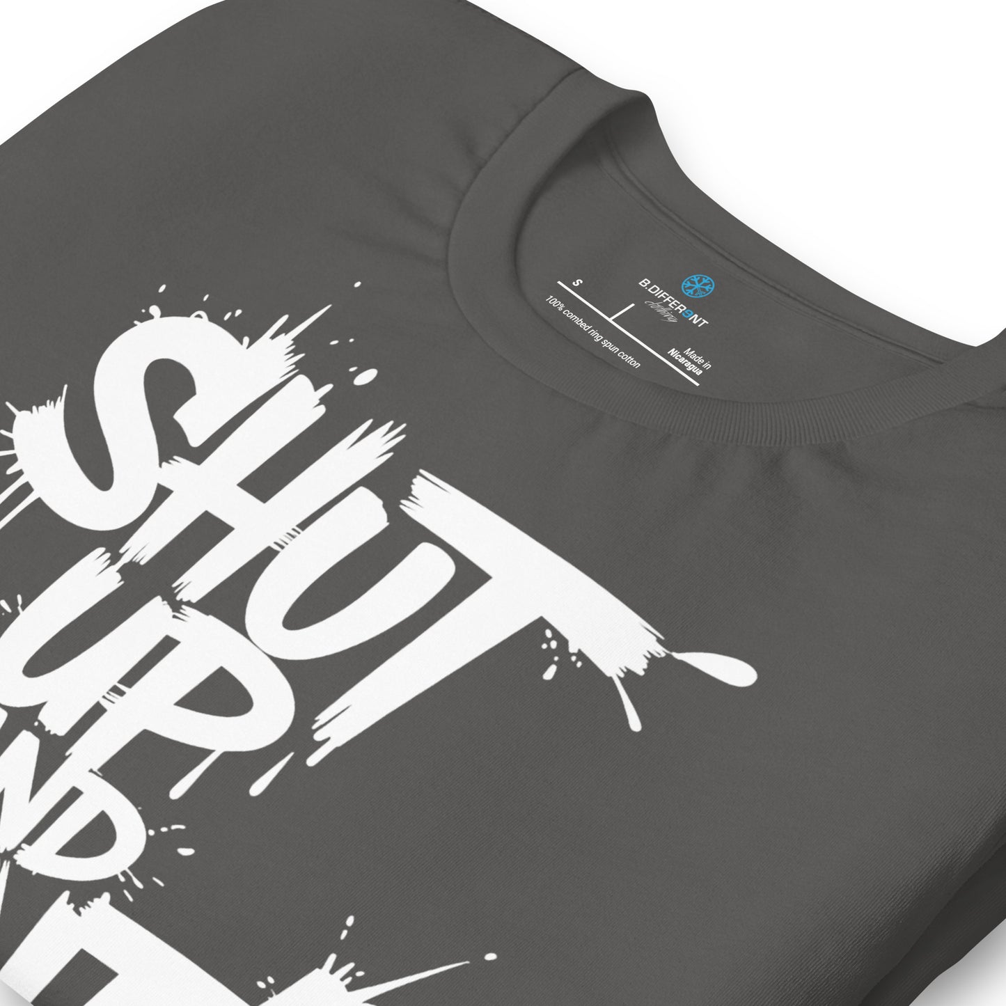 Gray-Shut Up and Paint Graffiti Tee from B.Different Clothing, detail, graffiti-inspired streetwear t-shirt