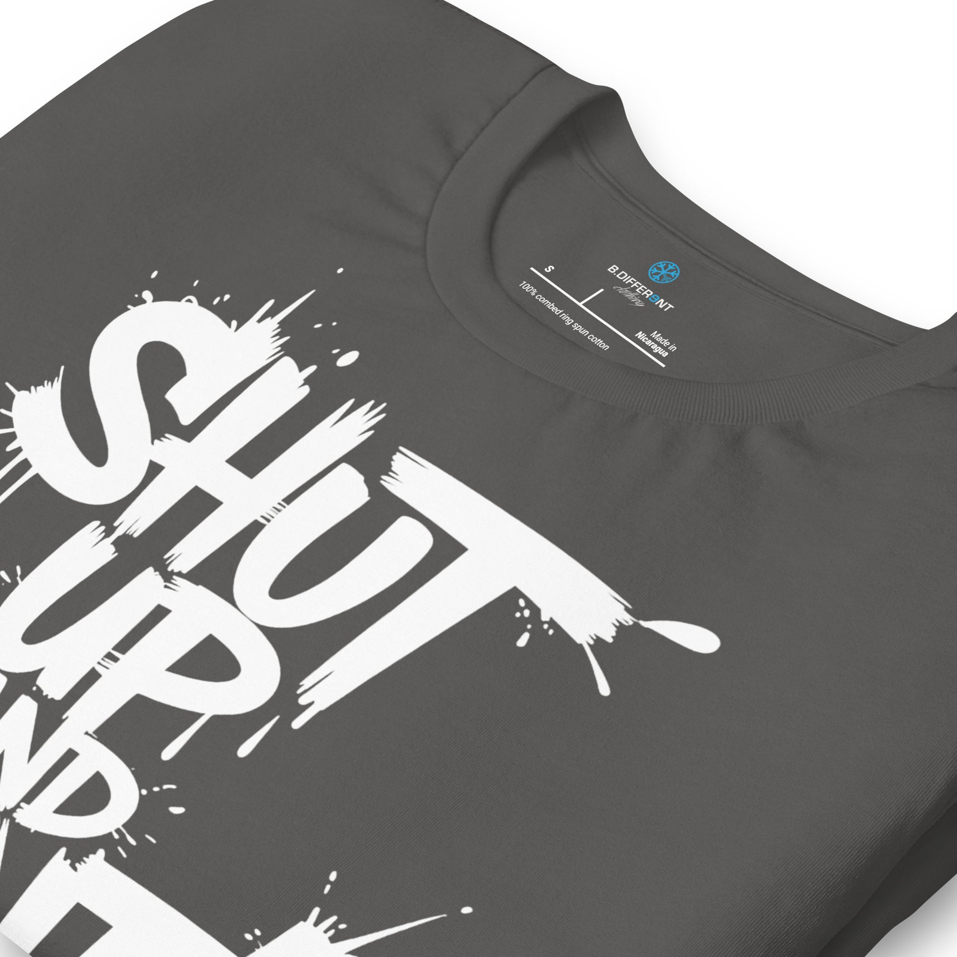 Gray-Shut Up and Paint Graffiti Tee from B.Different Clothing, detail, graffiti-inspired streetwear t-shirt