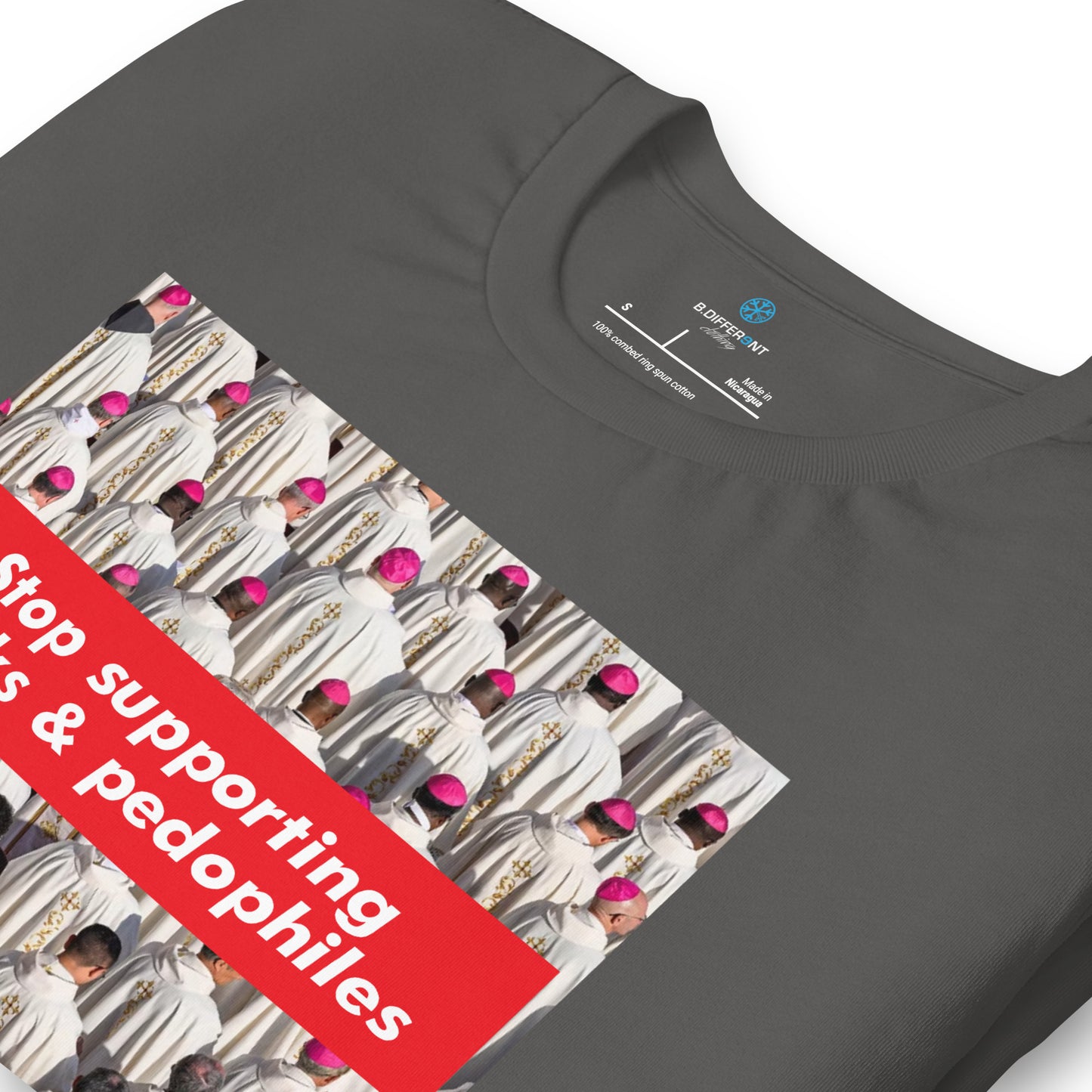 Gray-Vatican Crooks Tee from B.Different Clothing, detail, graffiti-inspired streetwear t-shirt