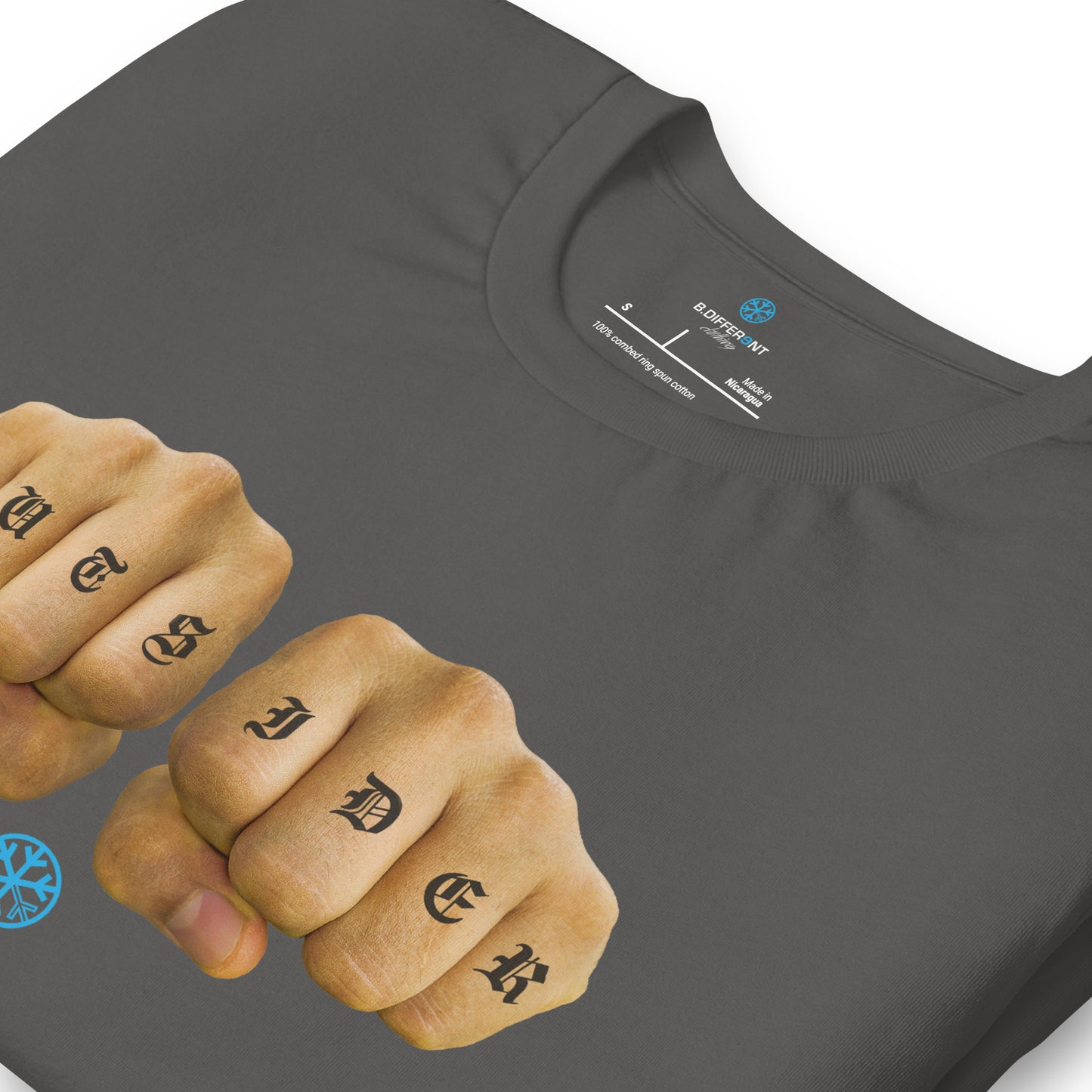 Gray-Outsider Tattoo Tee from B.Different Clothing, detail, graffiti-inspired streetwear t-shirt