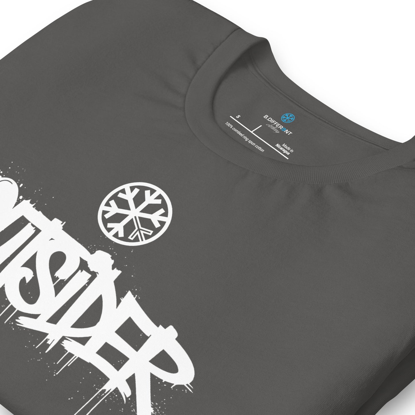 Gray-Outsider Graffiti Tag Tee from B.Different Clothing, detail, graffiti-inspired streetwear t-shirt