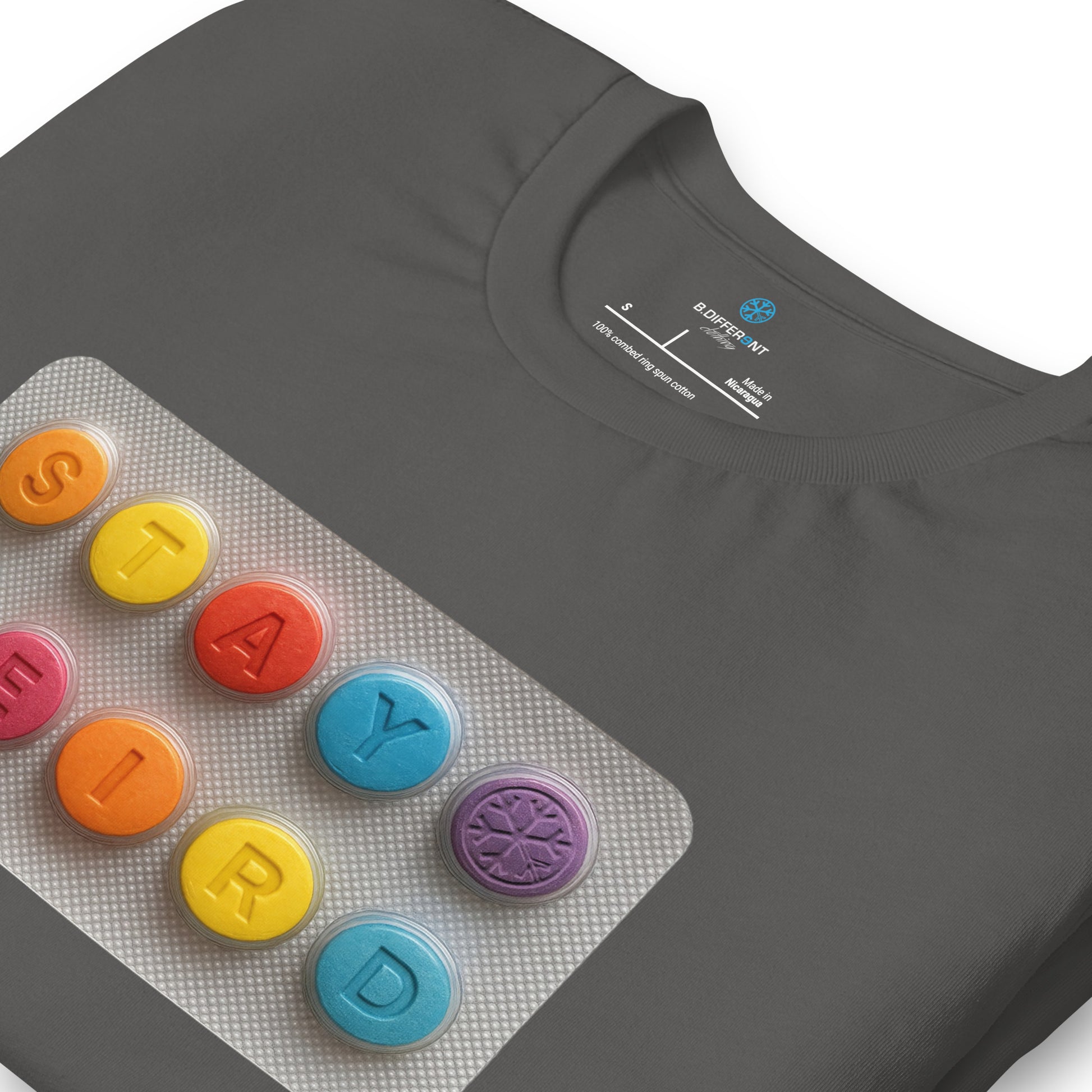 Gray-Stay Weird Pills Tee from B.Different Clothing, detail, graffiti-inspired streetwear t-shirt