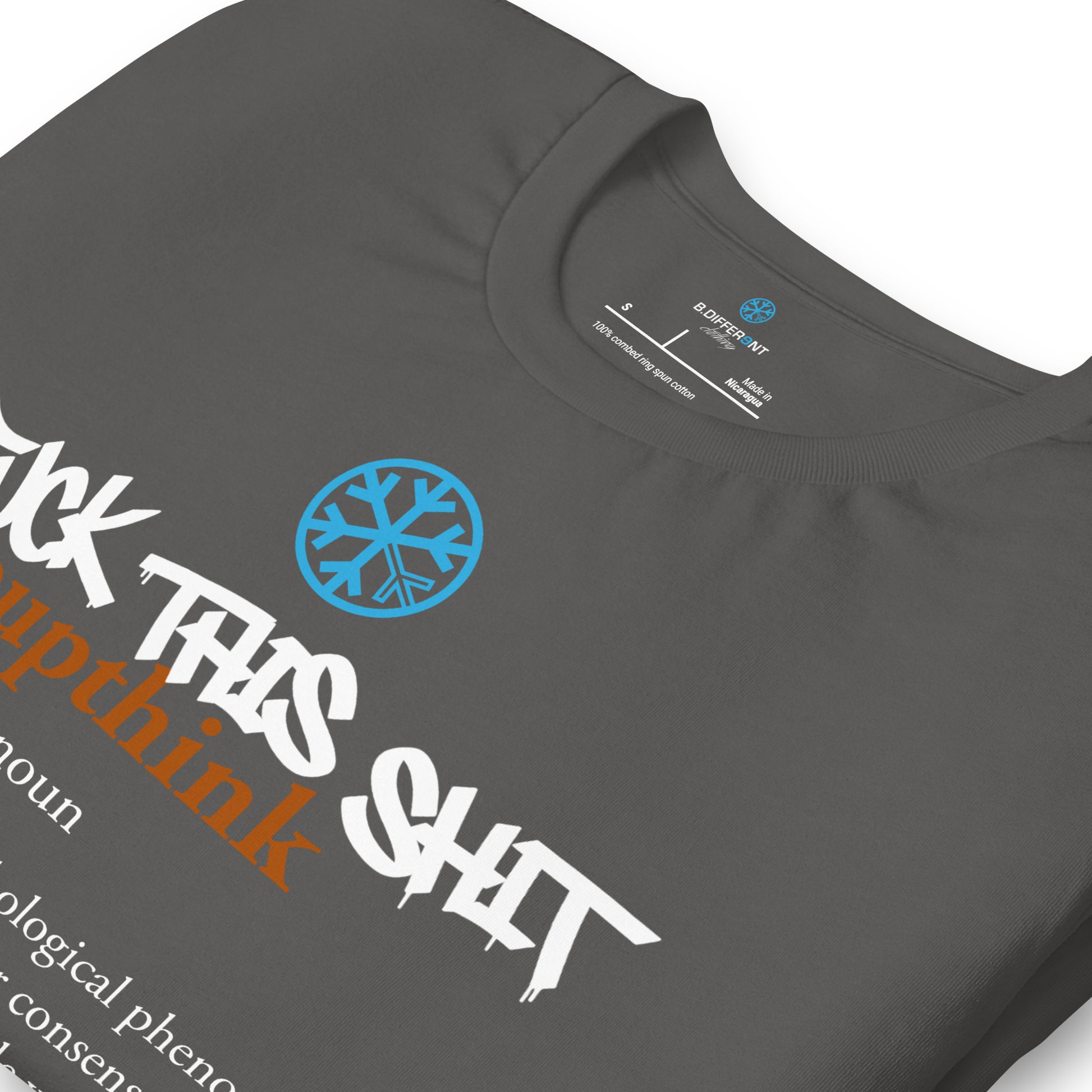 Darkgray-Groupthink Graffiti Tee from B.Different Clothing, detail, graffiti-inspired streetwear t-shirt