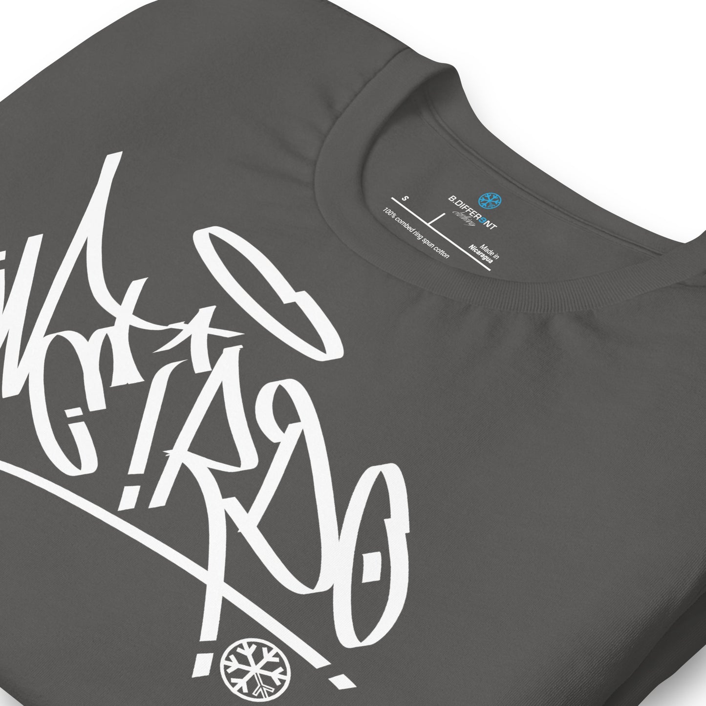 Gray-Weirdo Tag Graffiti Tee from B.Different Clothing, detail, graffiti-inspired streetwear t-shirt