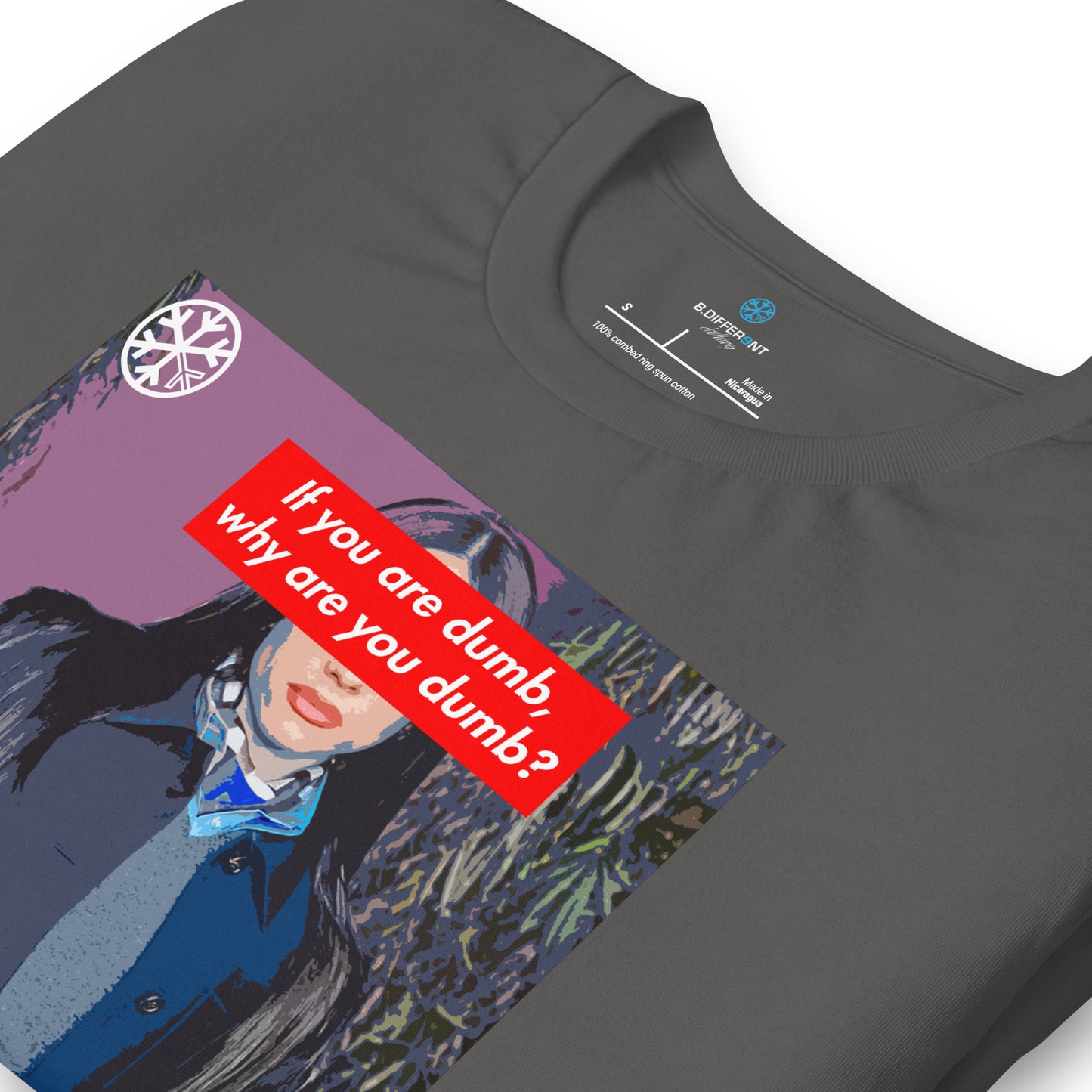 Gray-Why Are You Dumb Tee from B.Different Clothing, detail, graffiti-inspired streetwear t-shirt