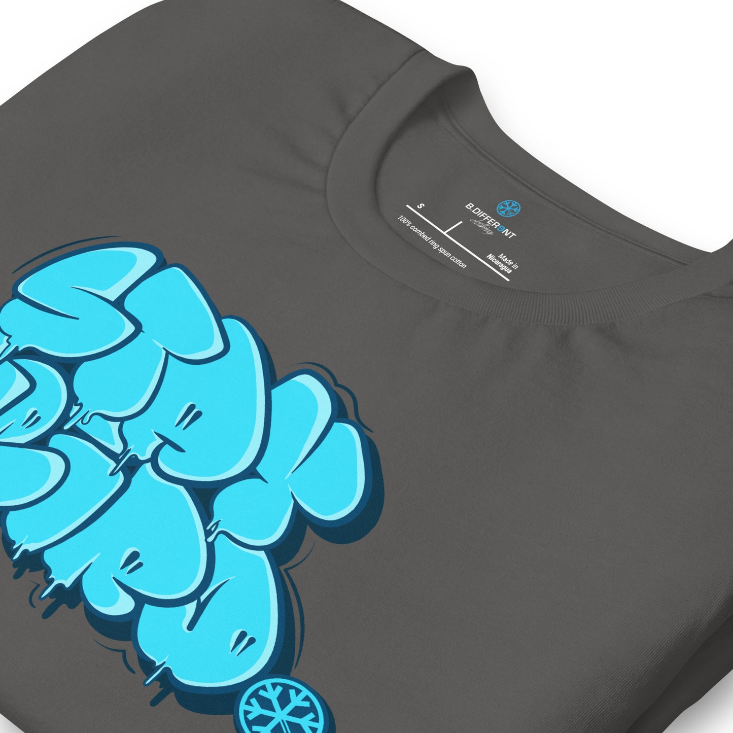 Gray-Stay Weird Graffiti Throw-up Tee from B.Different Clothing, detail, graffiti-inspired streetwear t-shirt