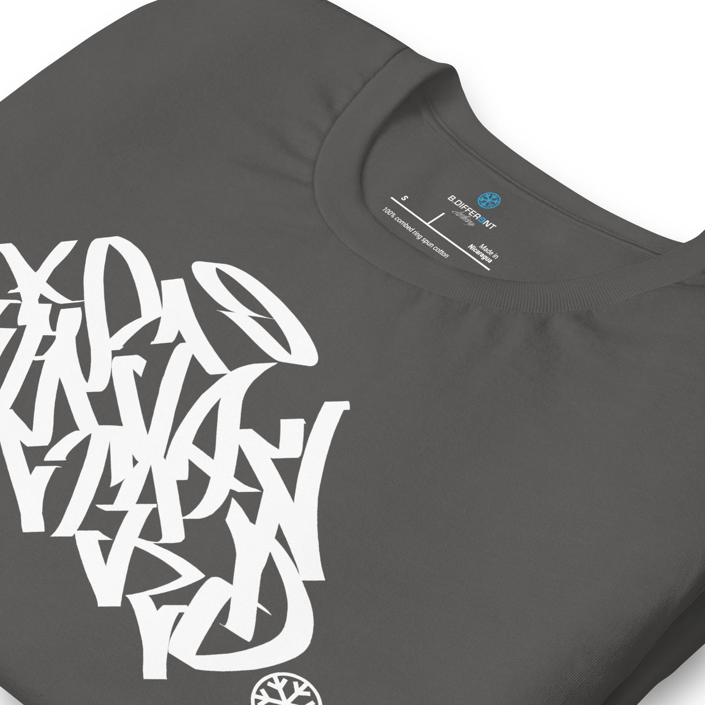 Gray-Stay Weird Graffiti Tag Tee from B.Different Clothing, detail, graffiti-inspired streetwear t-shirt