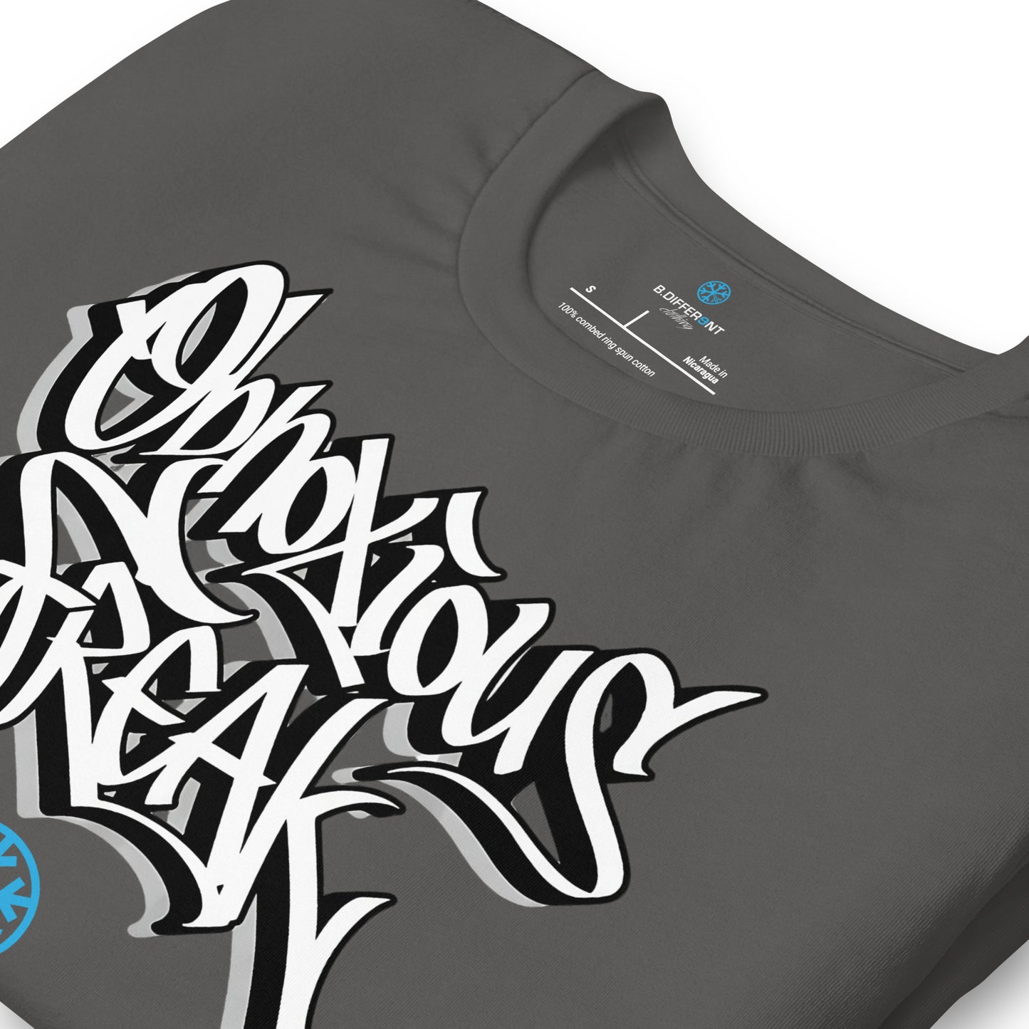 Gray-Obnoxious Freak Graffiti Tee from B.Different Clothing, detail, graffiti-inspired streetwear t-shirt