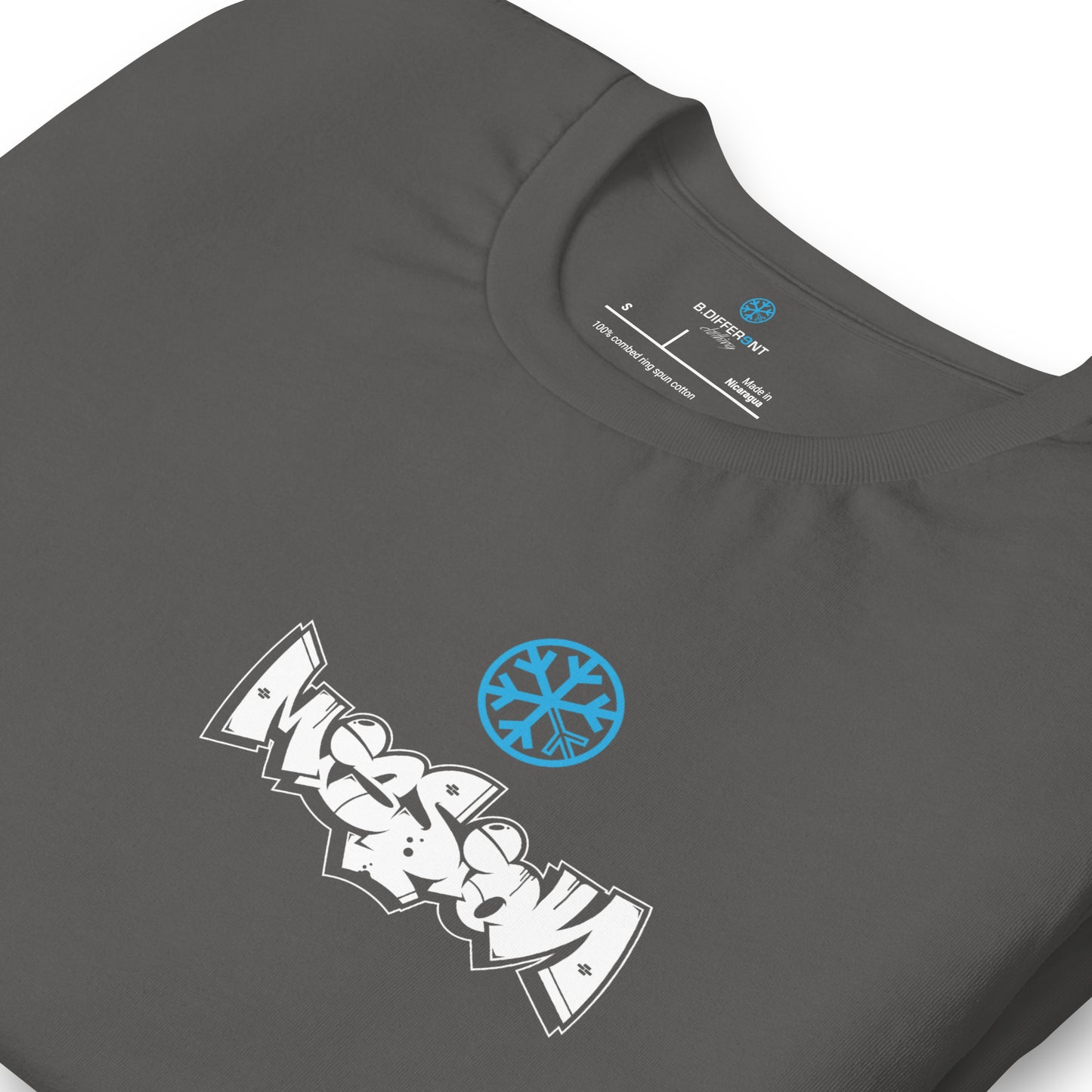 Gray-Mission Graffiti Character Tee from B.Different Clothing, detail, graffiti-inspired streetwear t-shirt