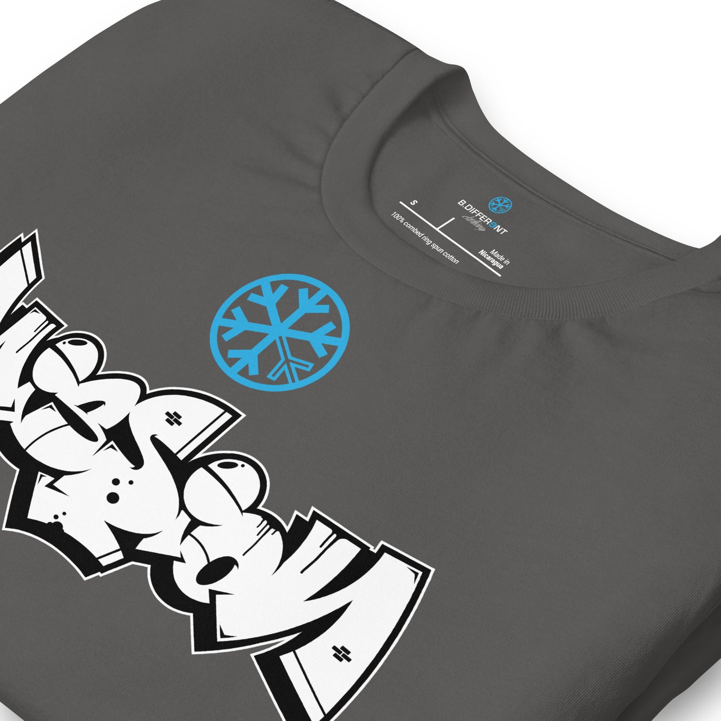 Gray-Mission Graffiti Piece Tee from B.Different Clothing, detail, graffiti-inspired streetwear t-shirt