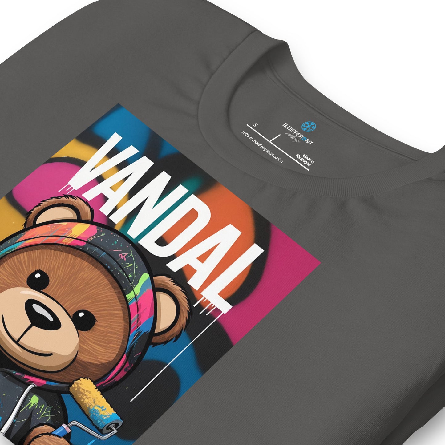 Gray-Vandal Teddy Bear Graffiti Tee from B.Different Clothing, detail, graffiti-inspired streetwear