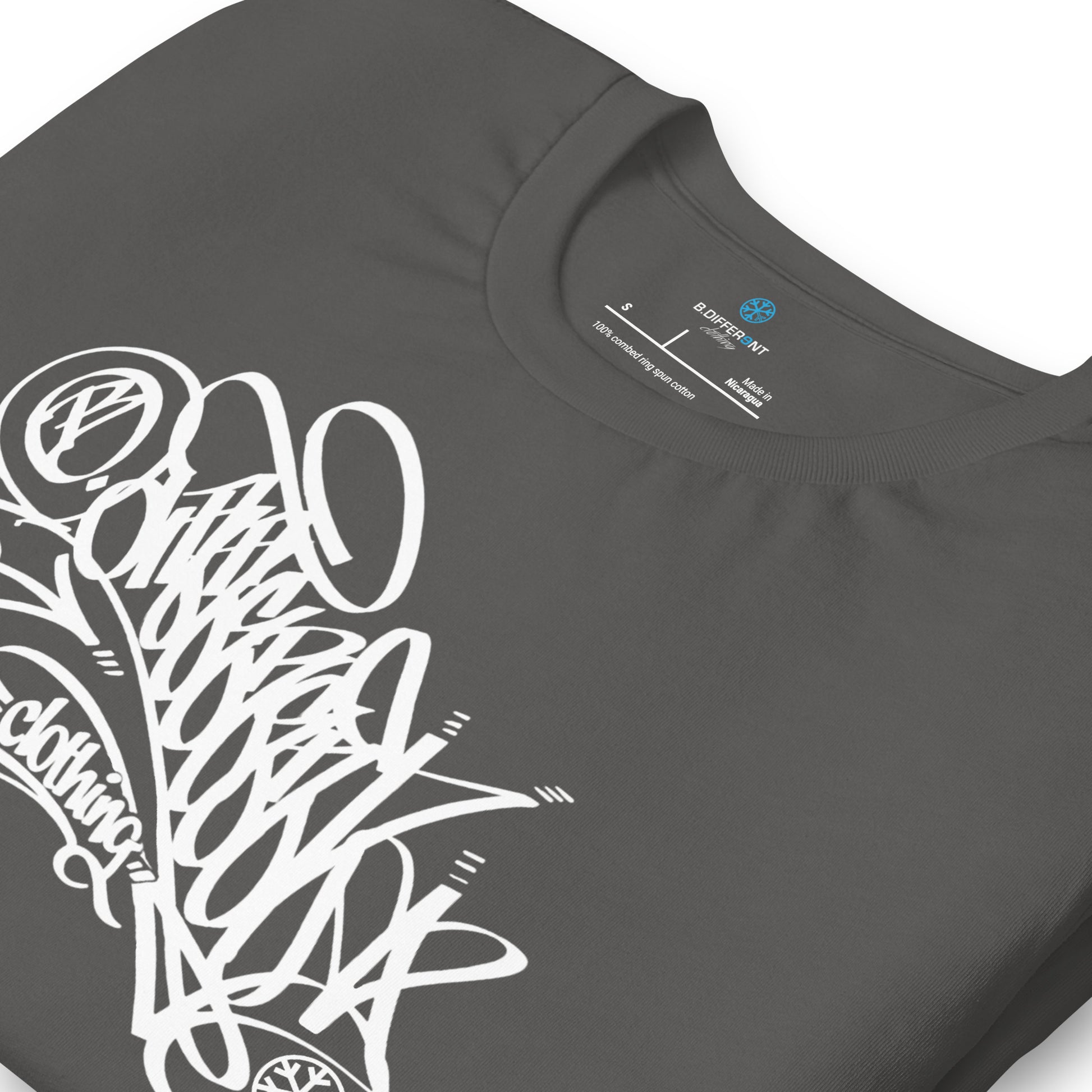 Gray-B.Different Clothing Graffiti Tag Tee from B.Different Clothing, detail, graffiti-inspired streetwear t-shirt