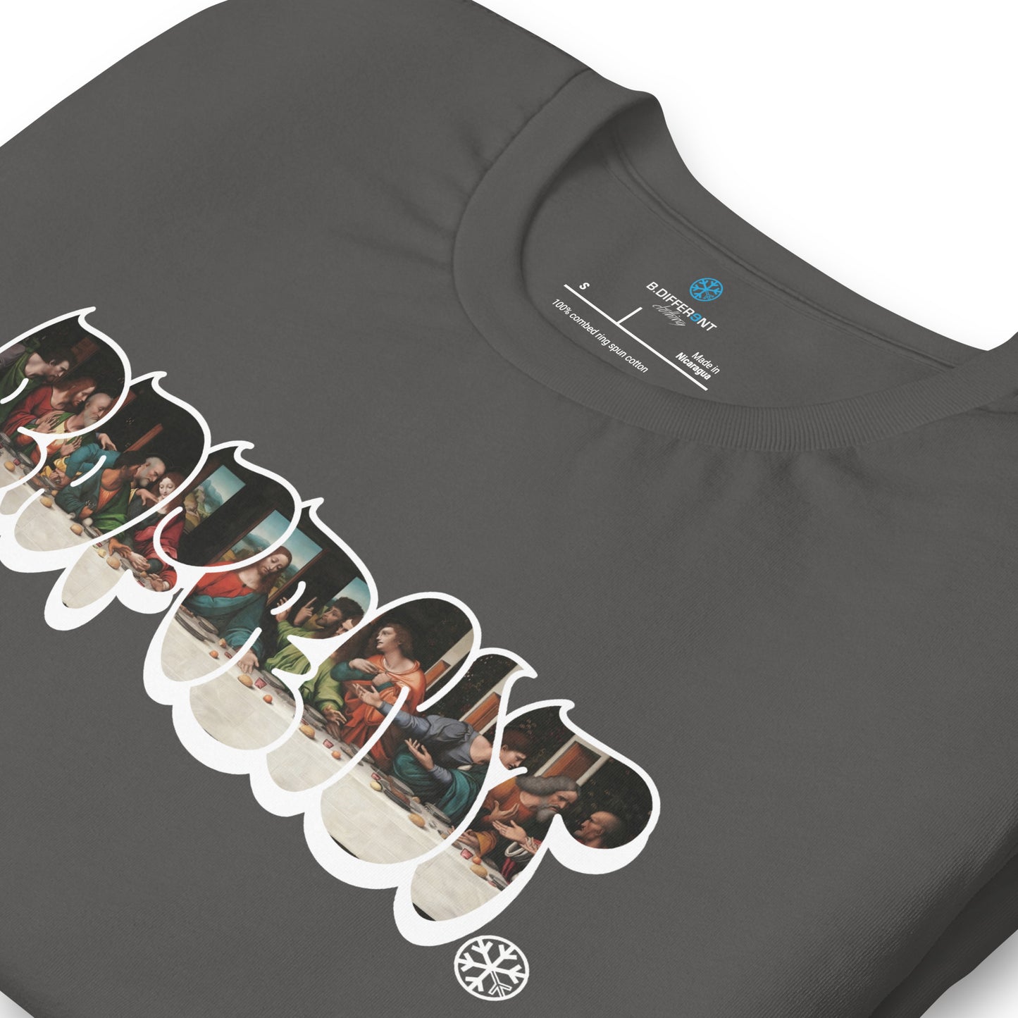 Gray-BDFRNT Throwie x Last Supper Graffiti Tee from B.Different Clothing, detail, graffiti-inspired streetwear t-shirt