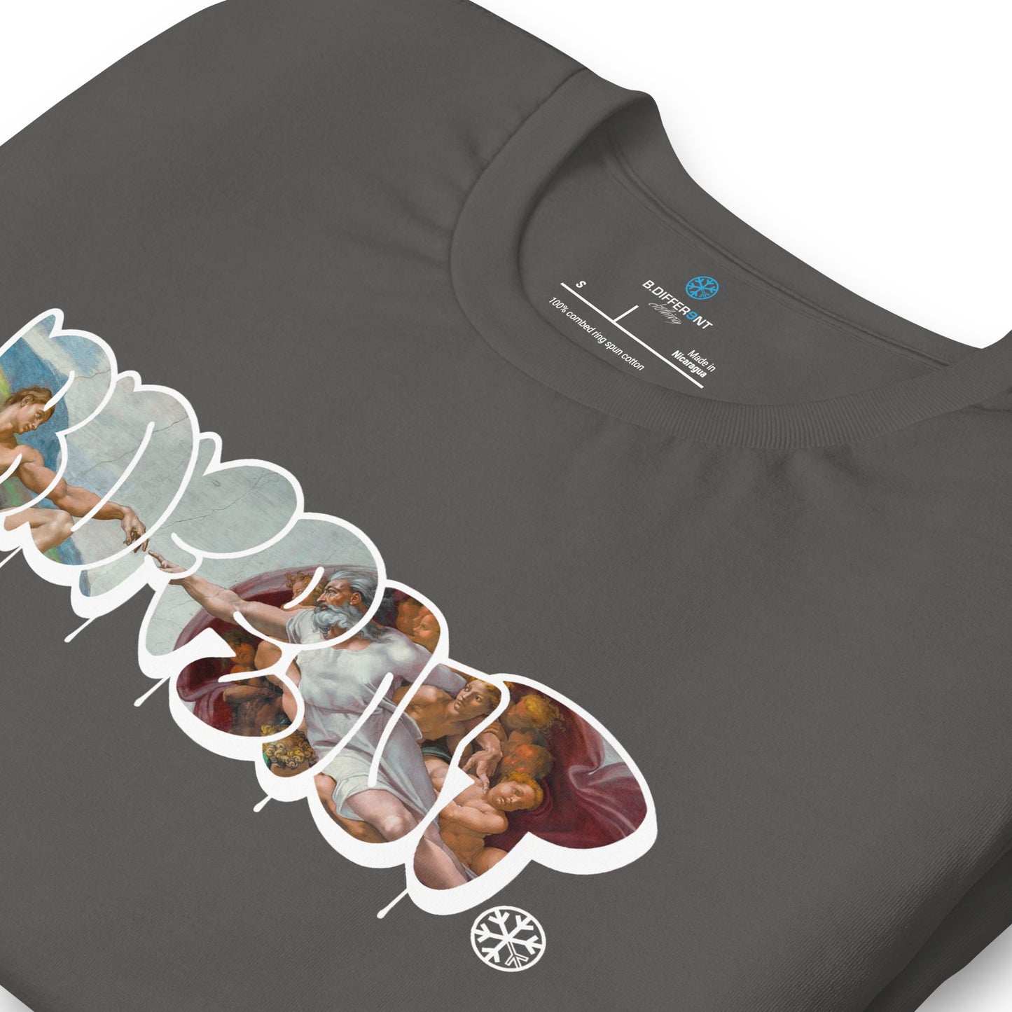 Gray-BDFRNT Throwie x Creation of Adam Graffiti Tee from B.Different Clothing, detail, graffiti-inspired streetwear t-shirt