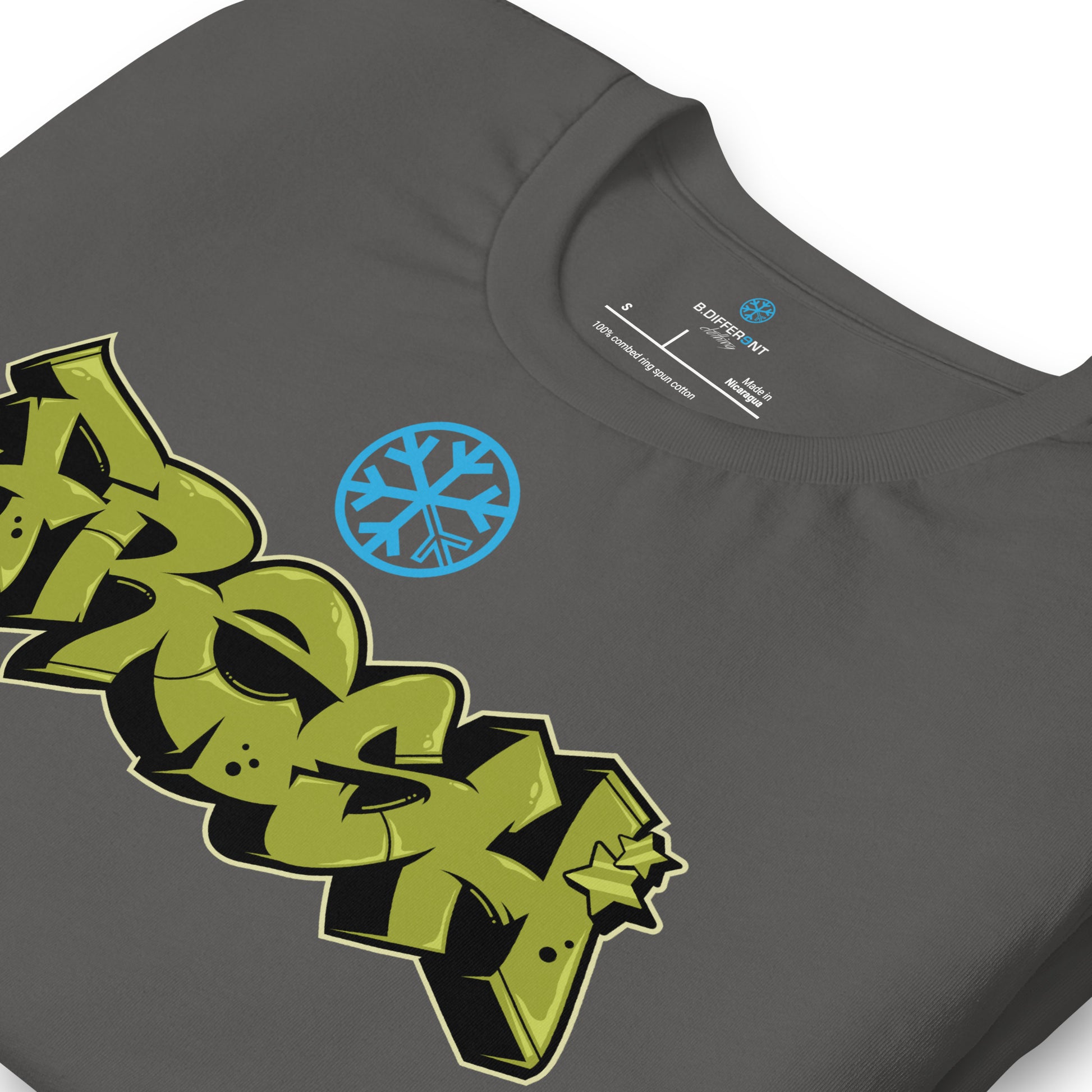 Gray-Fresh Graffiti Piece Tee from B.Different Clothing, detail, graffiti-inspired streetwear t-shirt