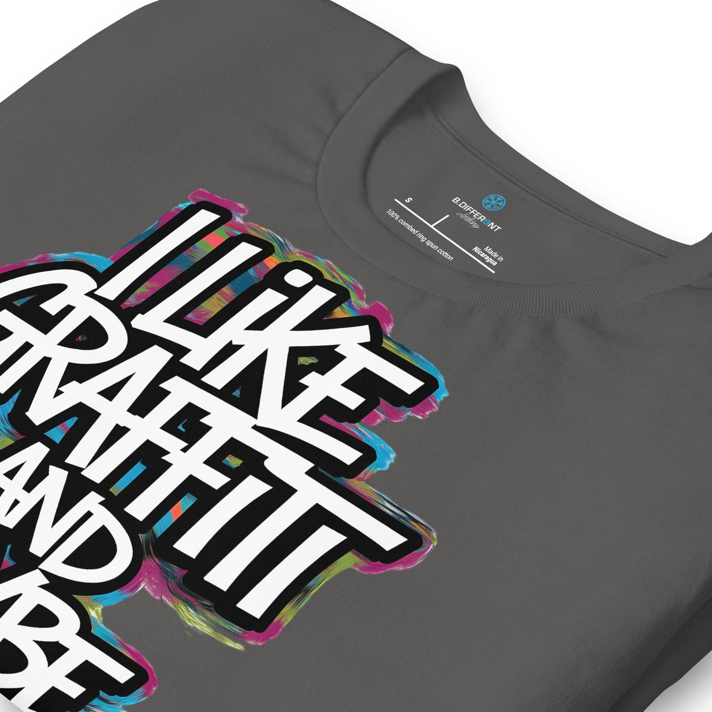 Darkgray-I Like Graffiti and Maybe 2 People Tee from B.Different Clothing, detail, graffiti-inspired streetwear t-shirt