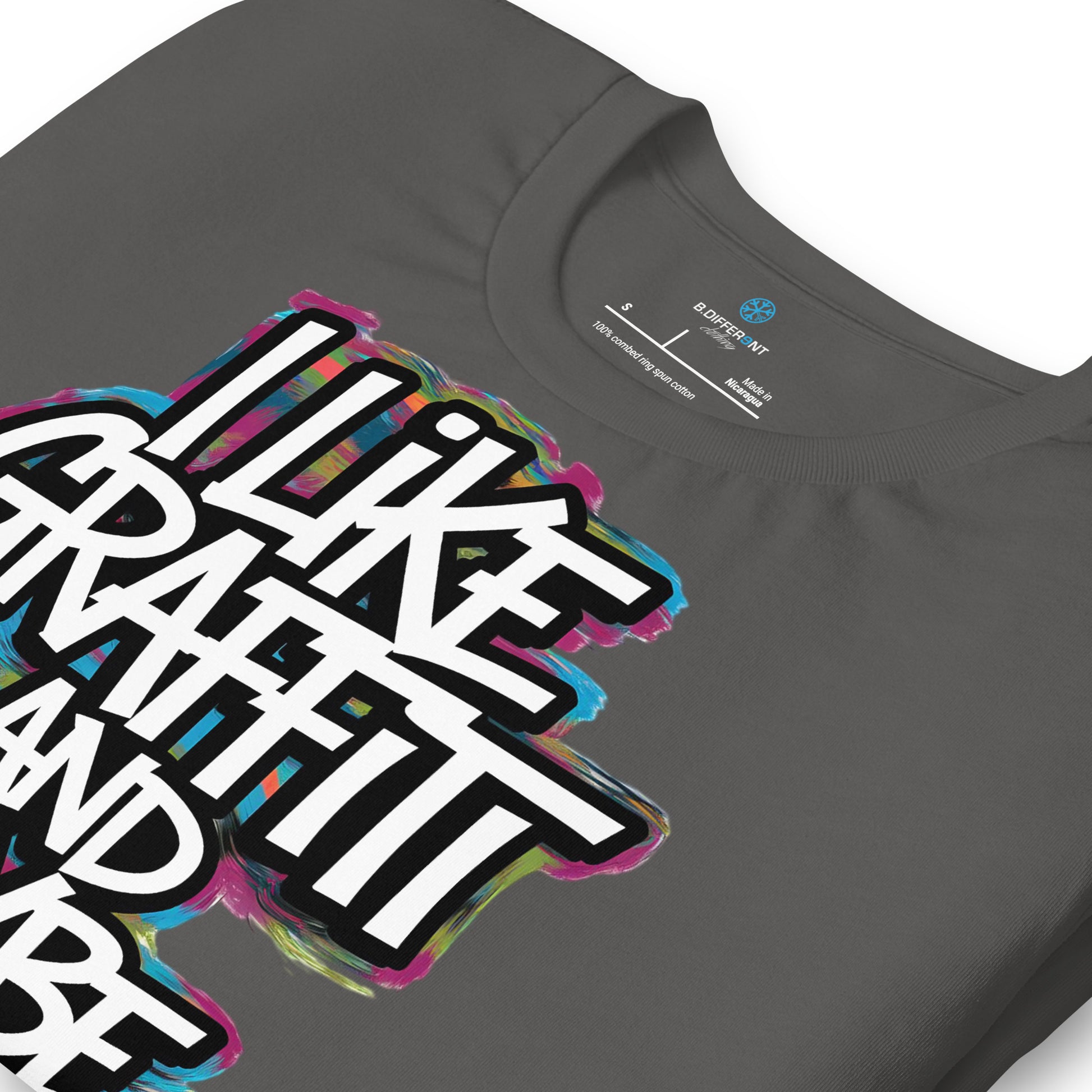 Darkgray-I Like Graffiti and Maybe 2 People Tee from B.Different Clothing, detail, graffiti-inspired streetwear t-shirt