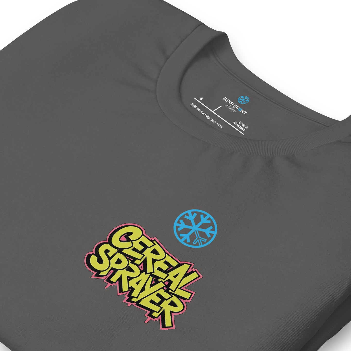 Gray-Cereal Sprayer Graffiti Tee from B.Different Clothing, detail, graffiti-inspired streetwear t-shirt