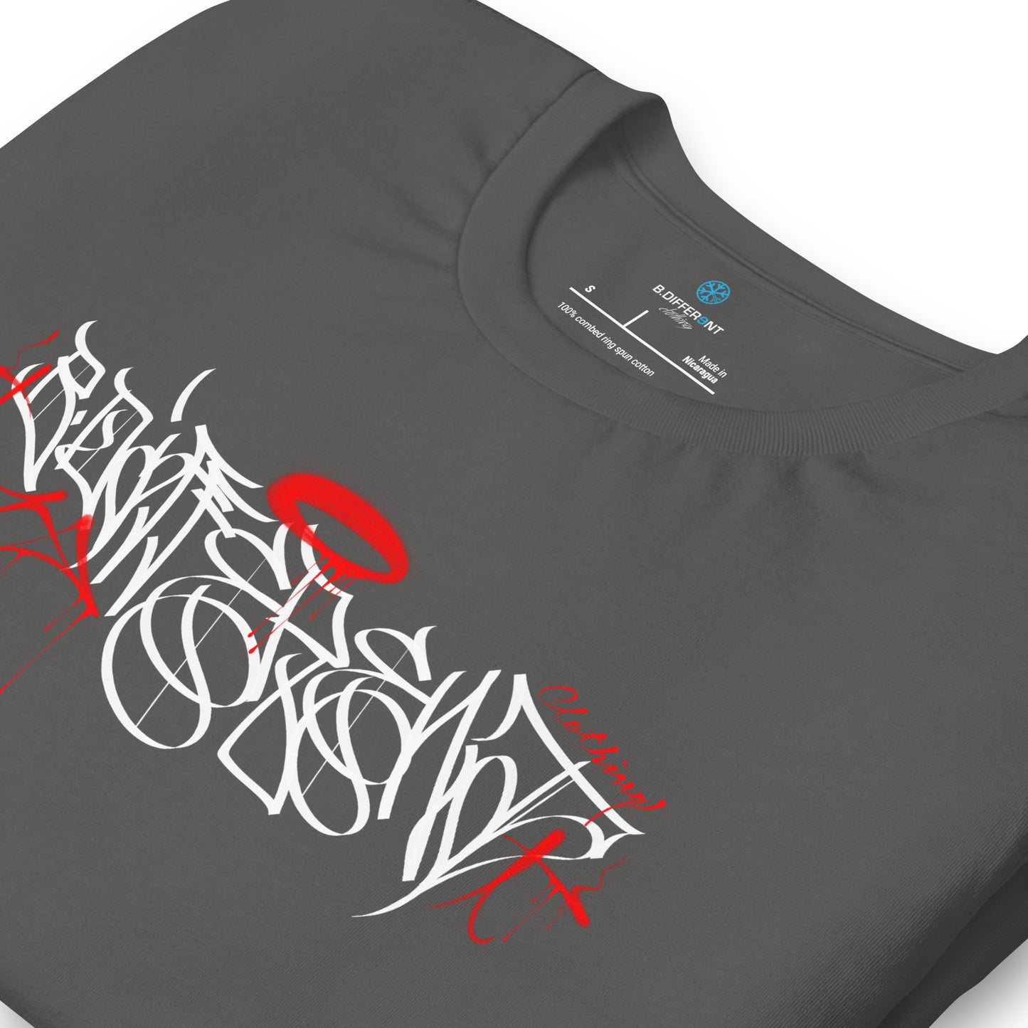 Gray-Caos One Collab Graffiti Tee from B.Different Clothing, detail, graffiti-inspired streetwear t-shirt
