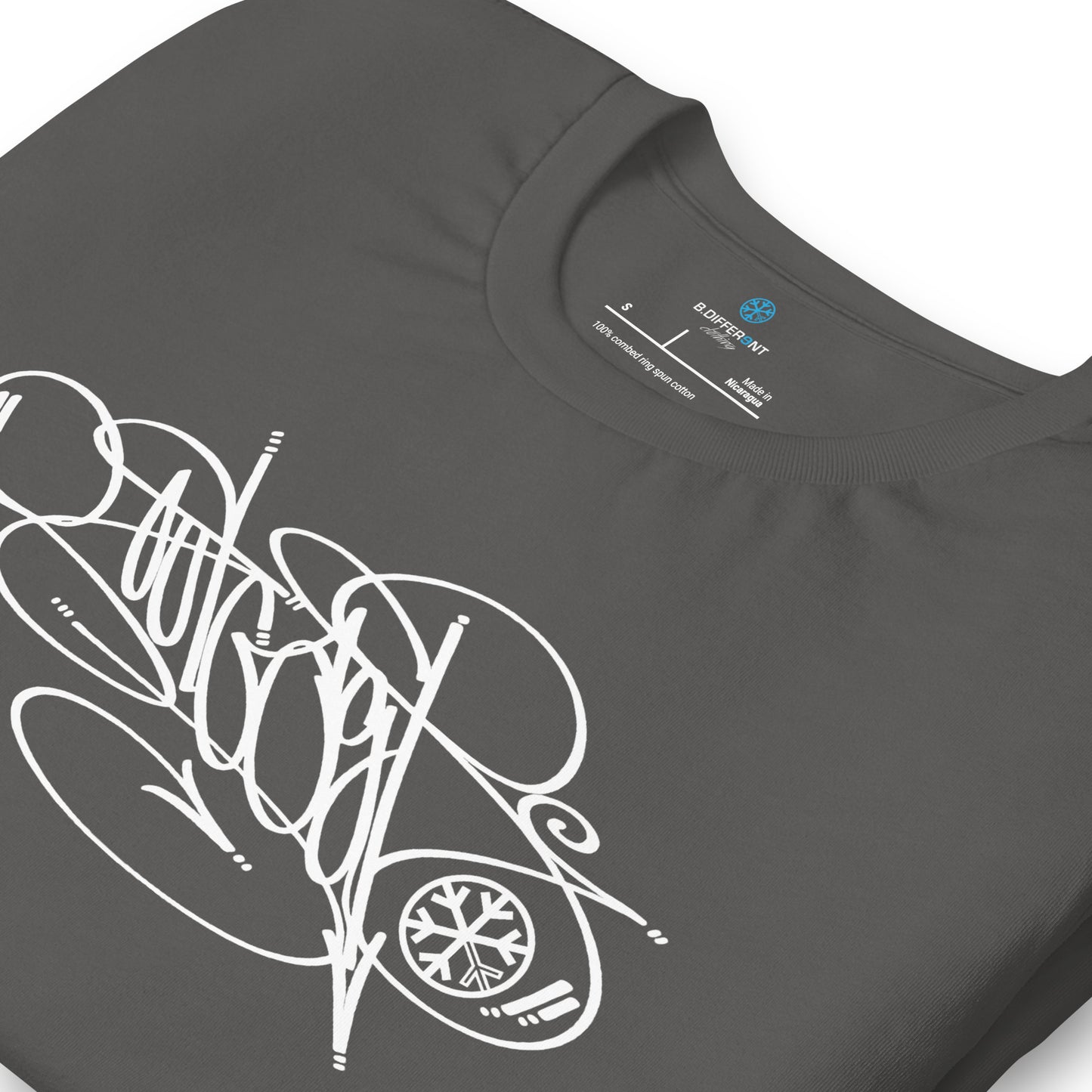 Gray-Outcast Tag Tee by Graffiti Dad from B.Different Clothing, detail, graffiti-inspired streetwear t-shirt
