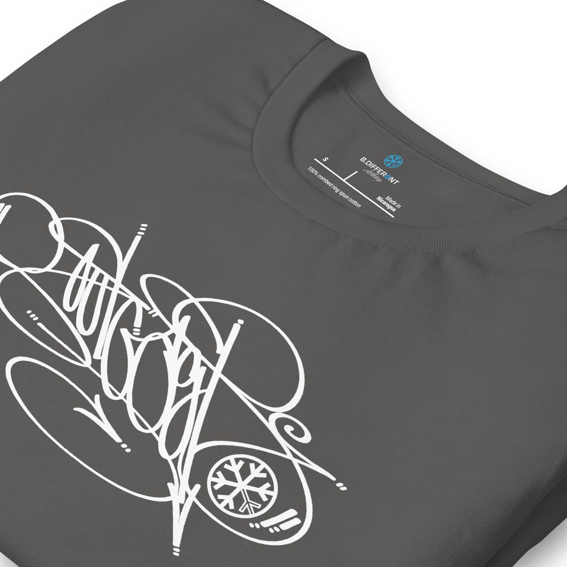 Gray-Outcast Tag Tee by Graffiti Dad from B.Different Clothing, detail, graffiti-inspired streetwear t-shirt