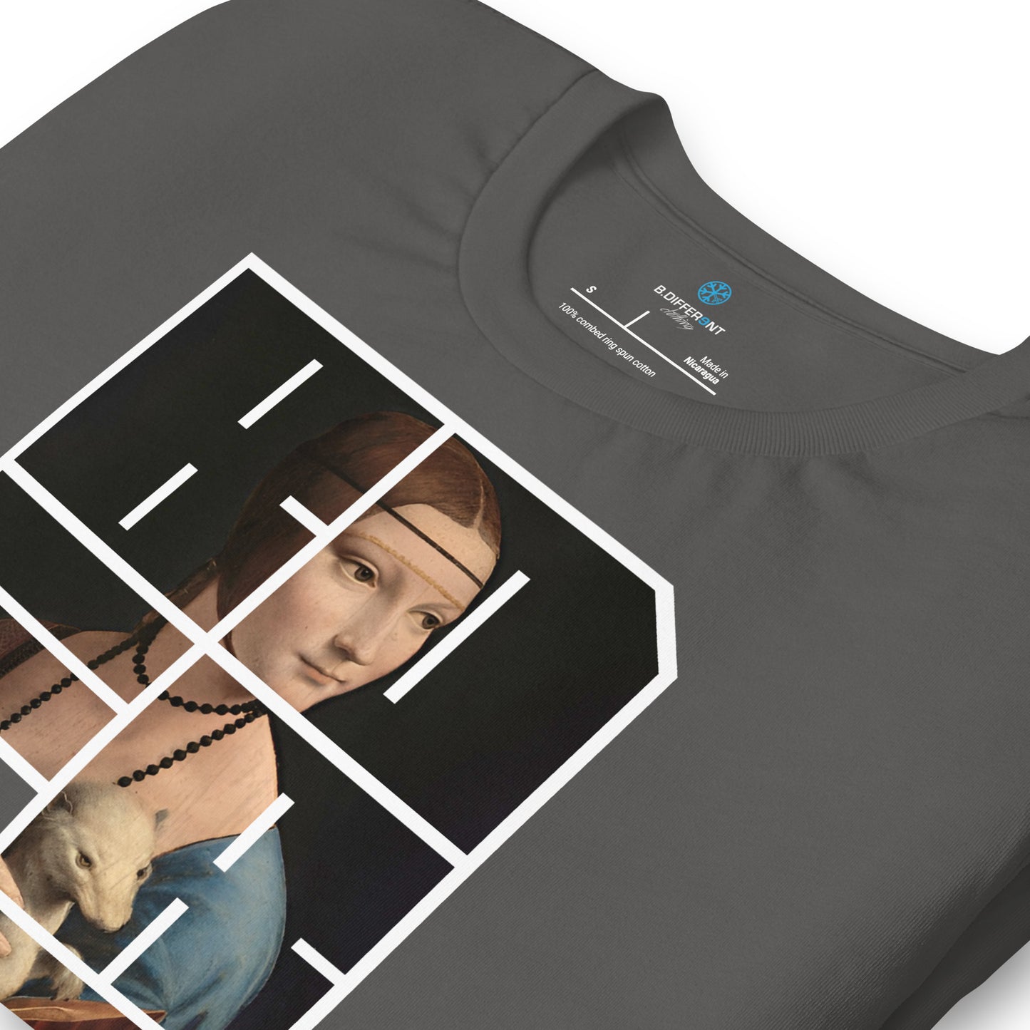 Gray-BDFRNT Blockbuster x Lady With Ermine Graffiti Tee from B.Different Clothing, detail, graffiti-inspired streetwear t-shirt