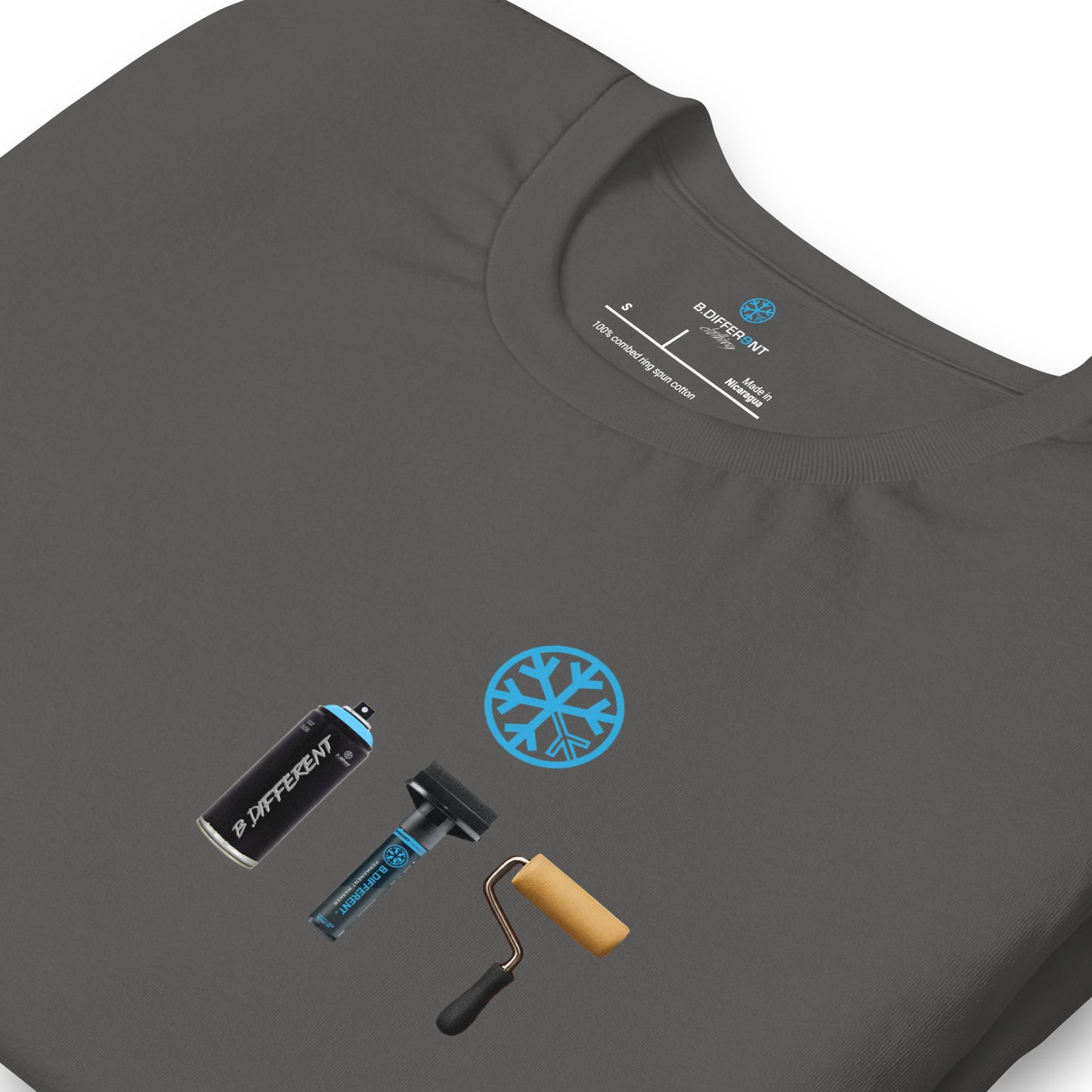 Gray-Graffiti Artist Action Figure Tee from B.Different Clothing, detail, graffiti-inspired streetwear t-shirt