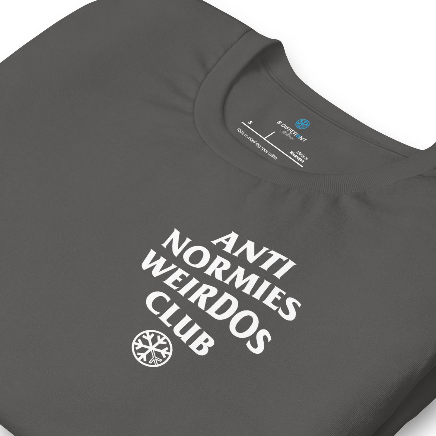 Gray-Anti Normies Weirdos Club Tee from B.Different Clothing, detail, graffiti-inspired streetwear t-shirt