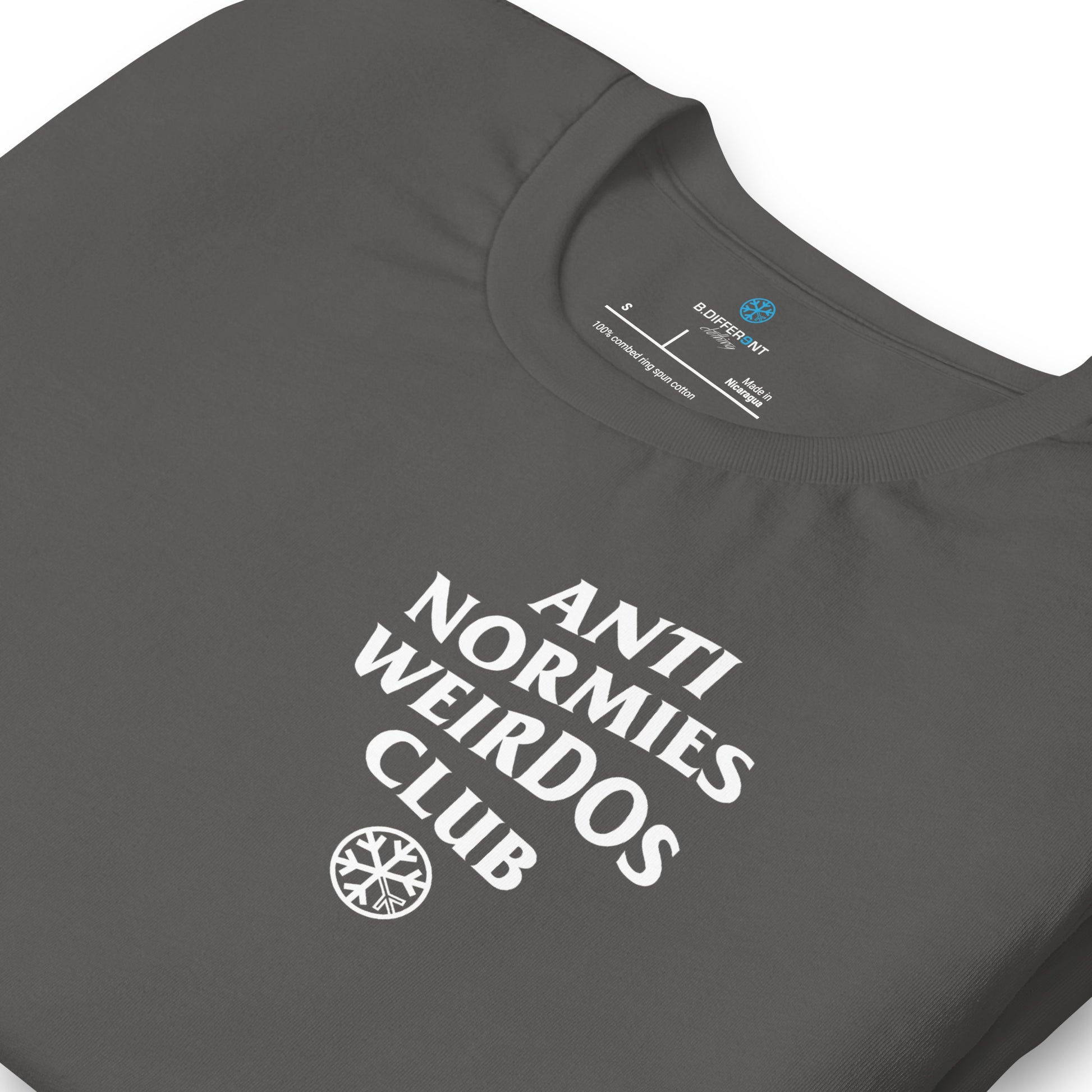 Gray-Anti Normies Weirdos Club Tee from B.Different Clothing, detail, graffiti-inspired streetwear t-shirt