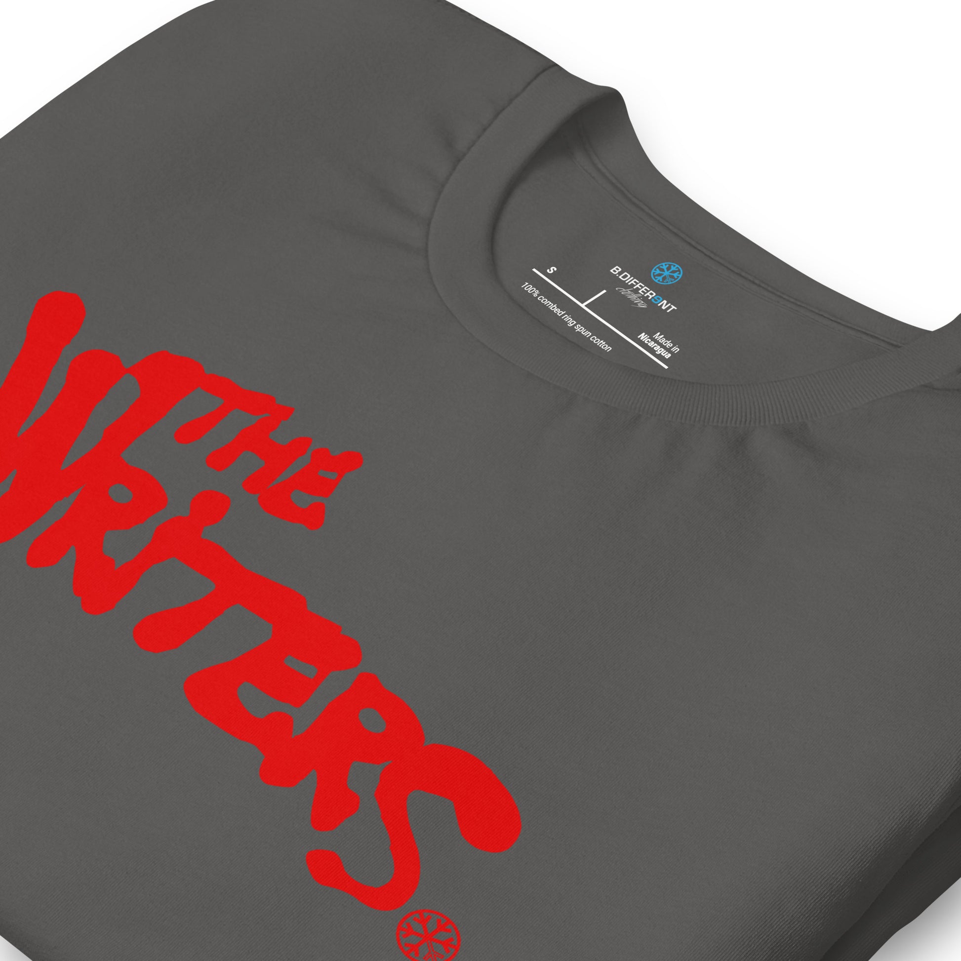 Gray-The Writers Graffiti Lettering Tee from B.Different Clothing, detail, graffiti-inspired streetwear t-shirt