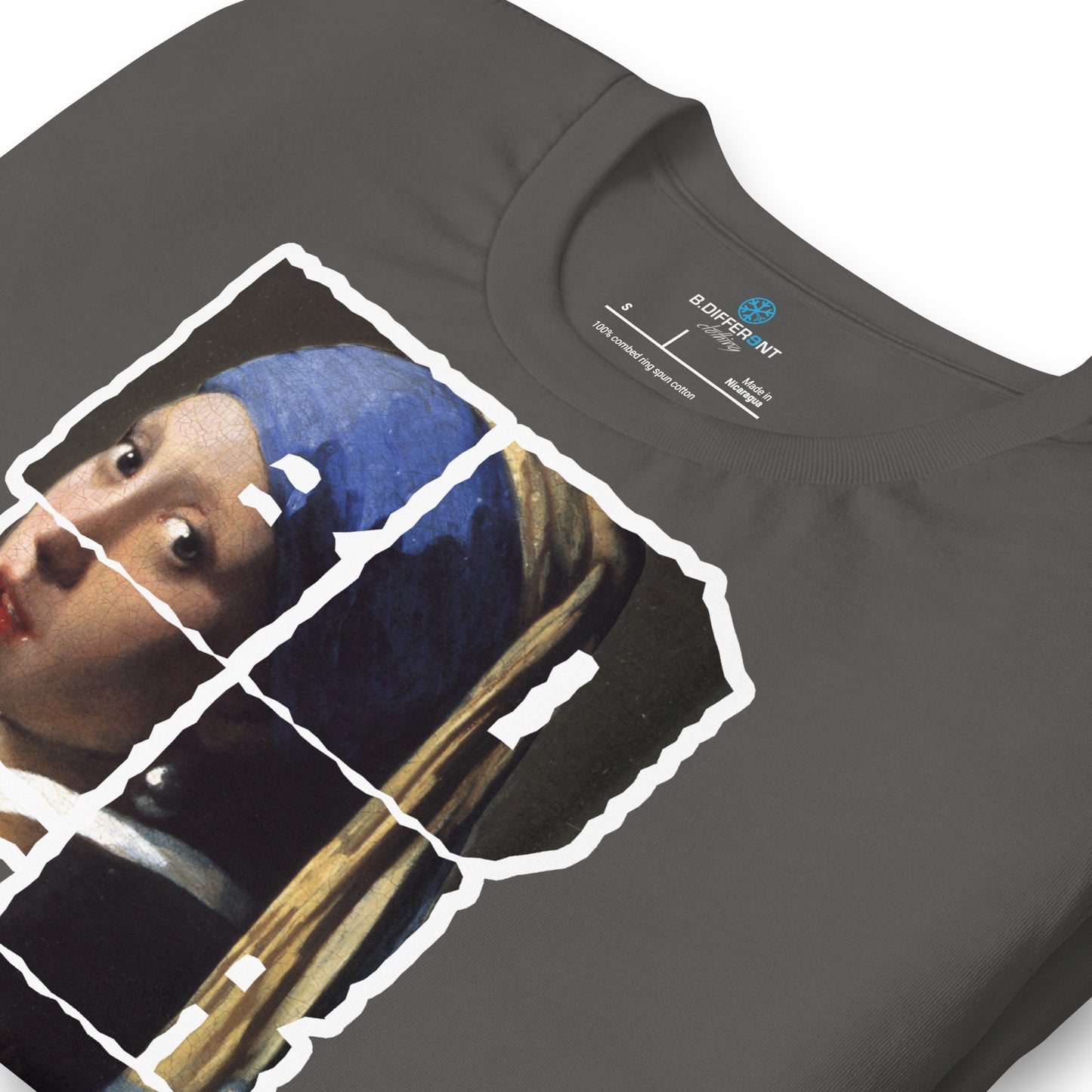 Dark Gray-BDFRNT Blockbuster x Girl With Pearl Earring Tee from B.Different Clothing, zoomed-in view, graffiti-inspired streetwear