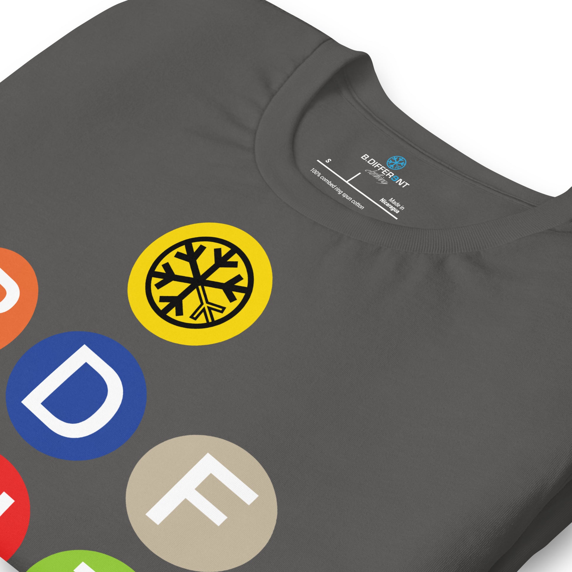 Dark Gray-BDFRNT NYC Subway Tee from B.Different Clothing, detail, graffiti-inspired streetwear