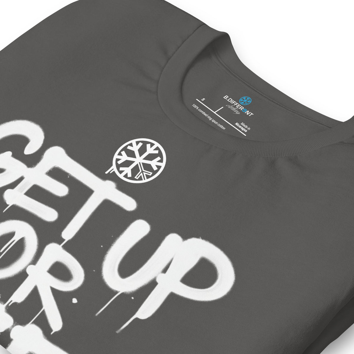 Gray-Get Up or Die Graffiti Tag Tee from B.Different Clothing, detail, graffiti-inspired streetwear t-shirt