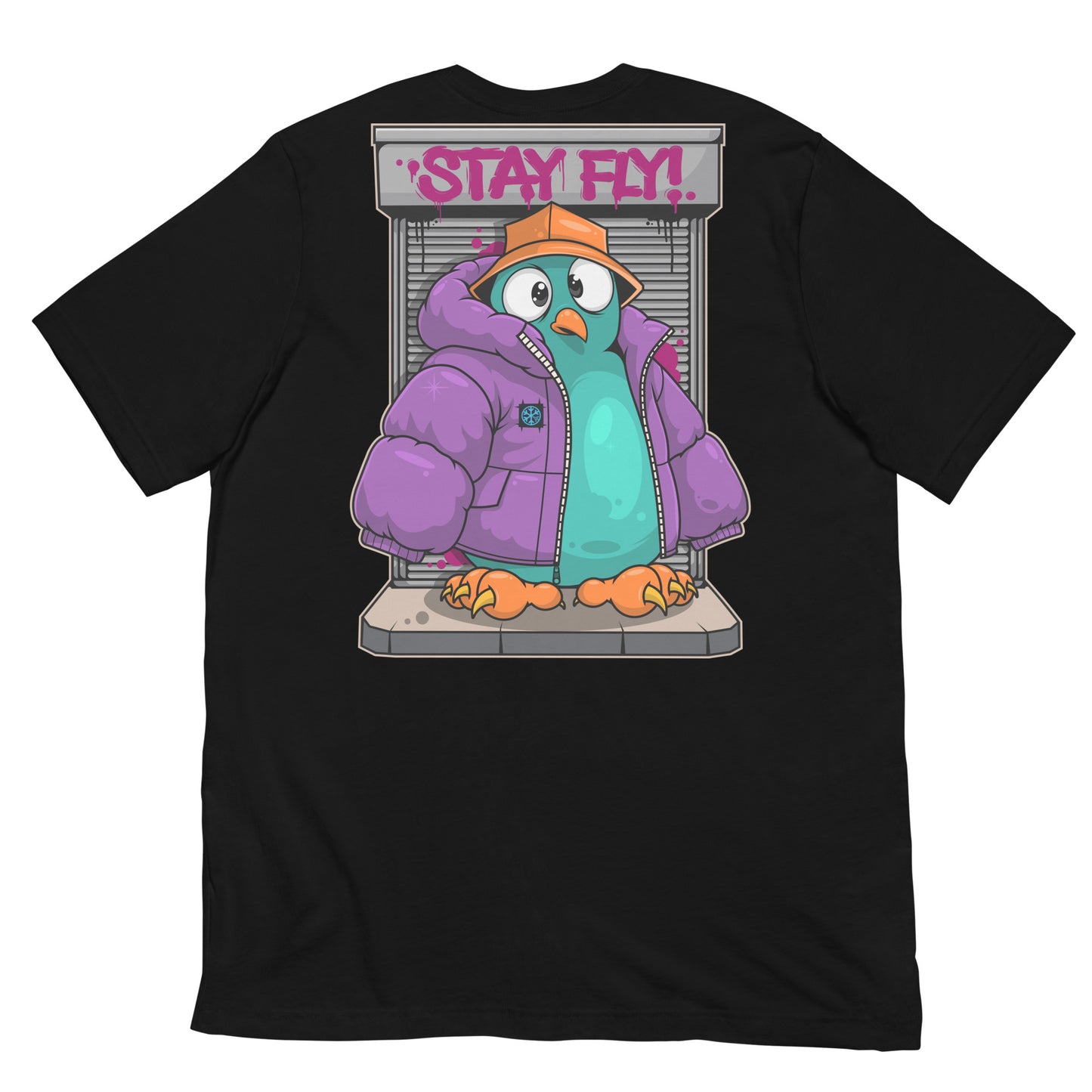 Black-Stay Fly Graffiti Character Tee from B.Different Clothing, back view, graffiti-inspired streetwear t-shirt