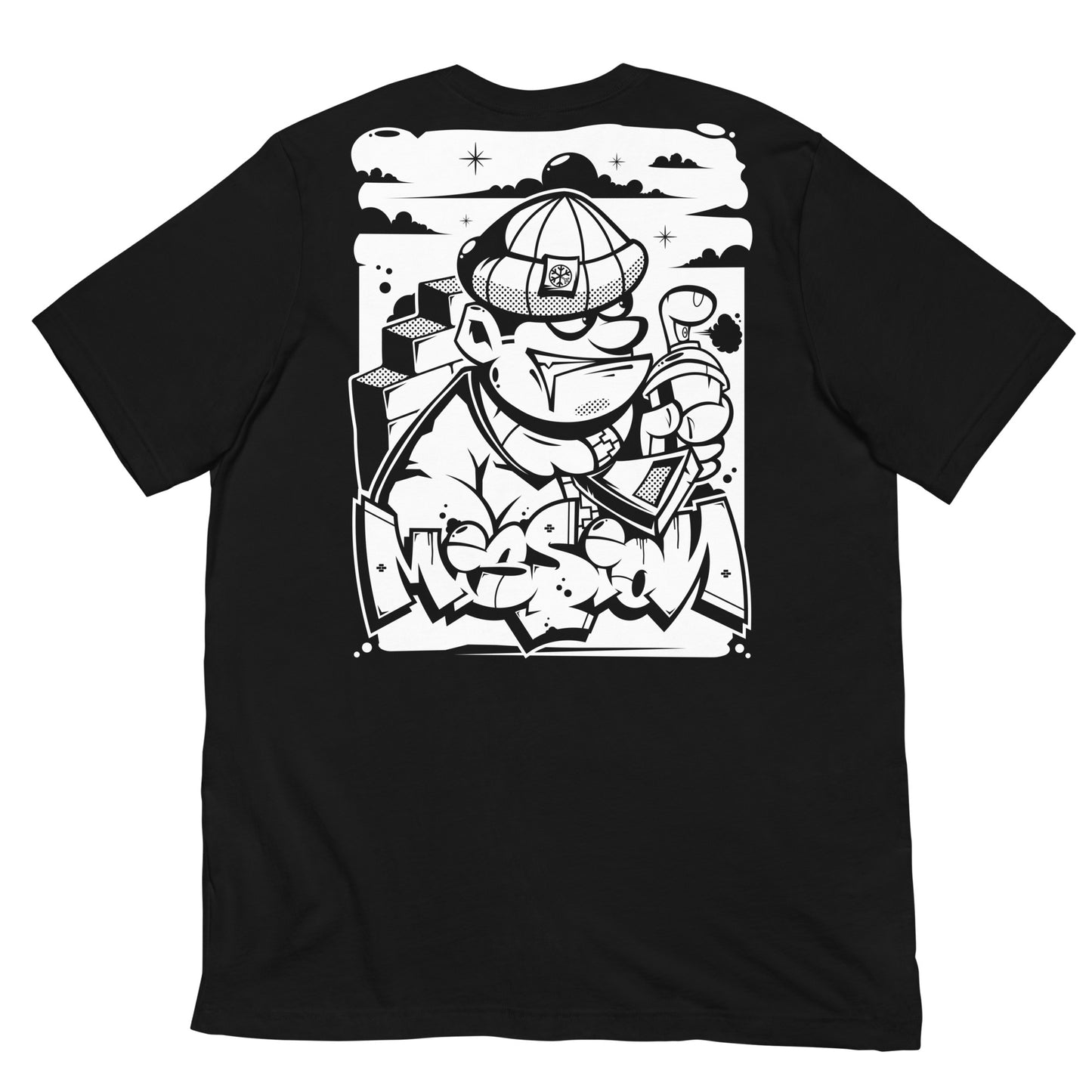 Black-Mission Graffiti Character Tee from B.Different Clothing, back view, graffiti-inspired streetwear t-shirt