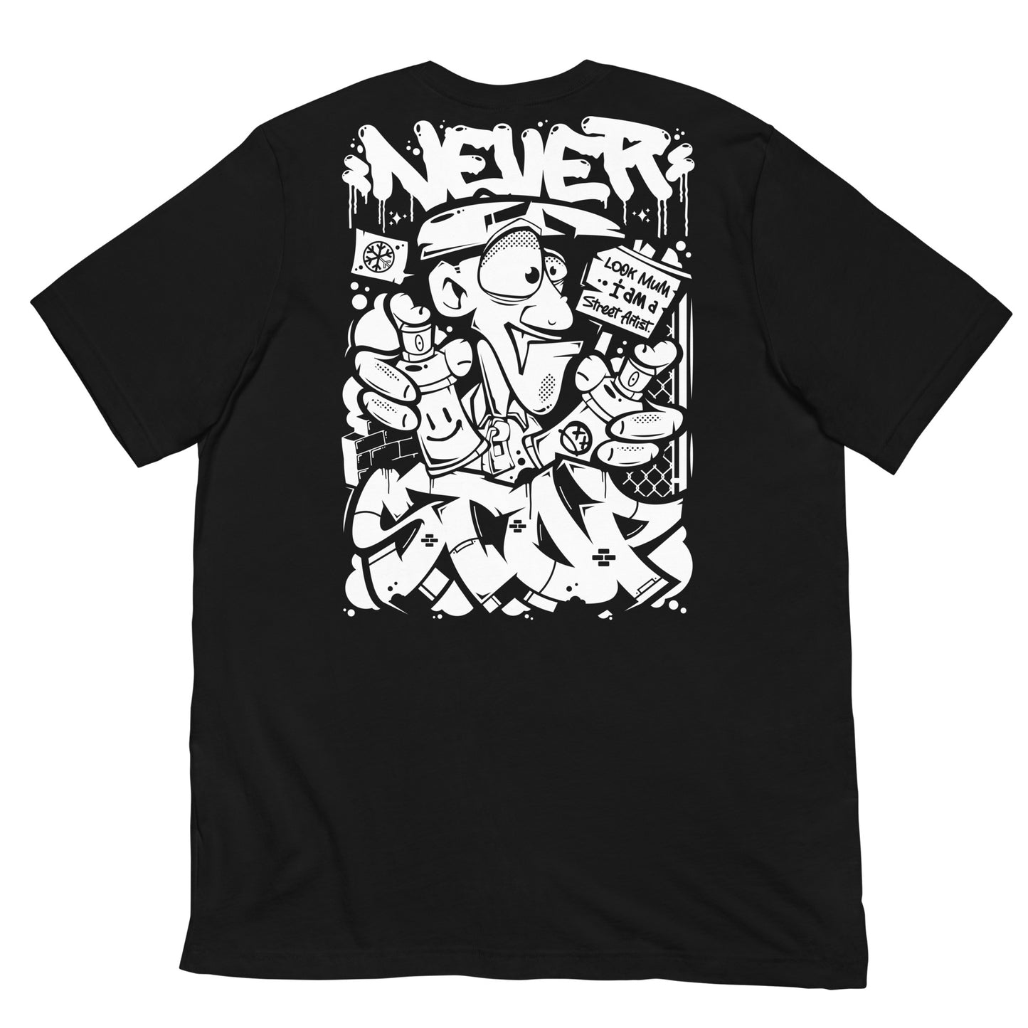 Black-Never Stop Graffiti Character Tee from B.Different Clothing, back view, graffiti-inspired streetwear t-shirt