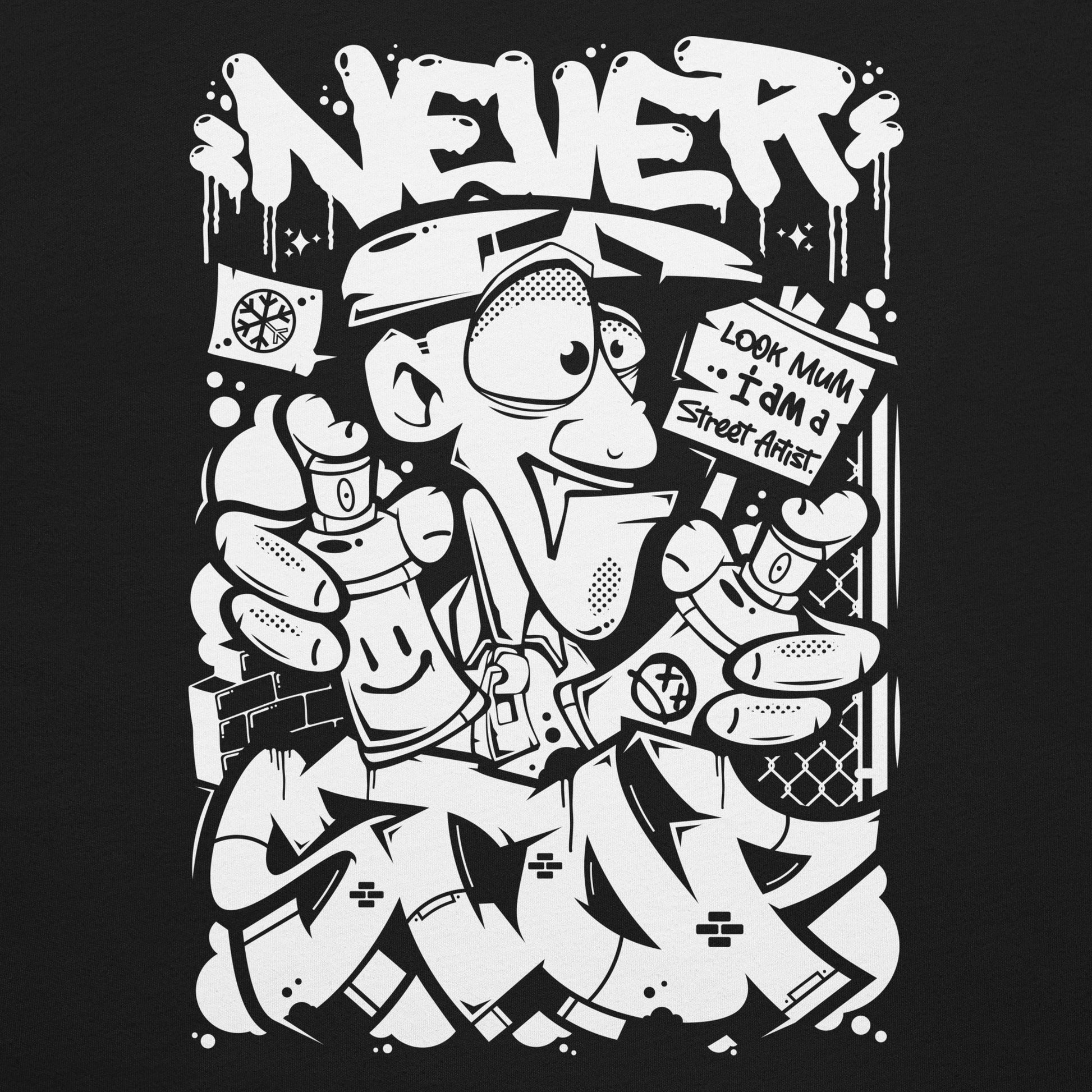 Black-Never Stop Graffiti Character Tee from B.Different Clothing, graphic, graffiti-inspired streetwear t-shirt