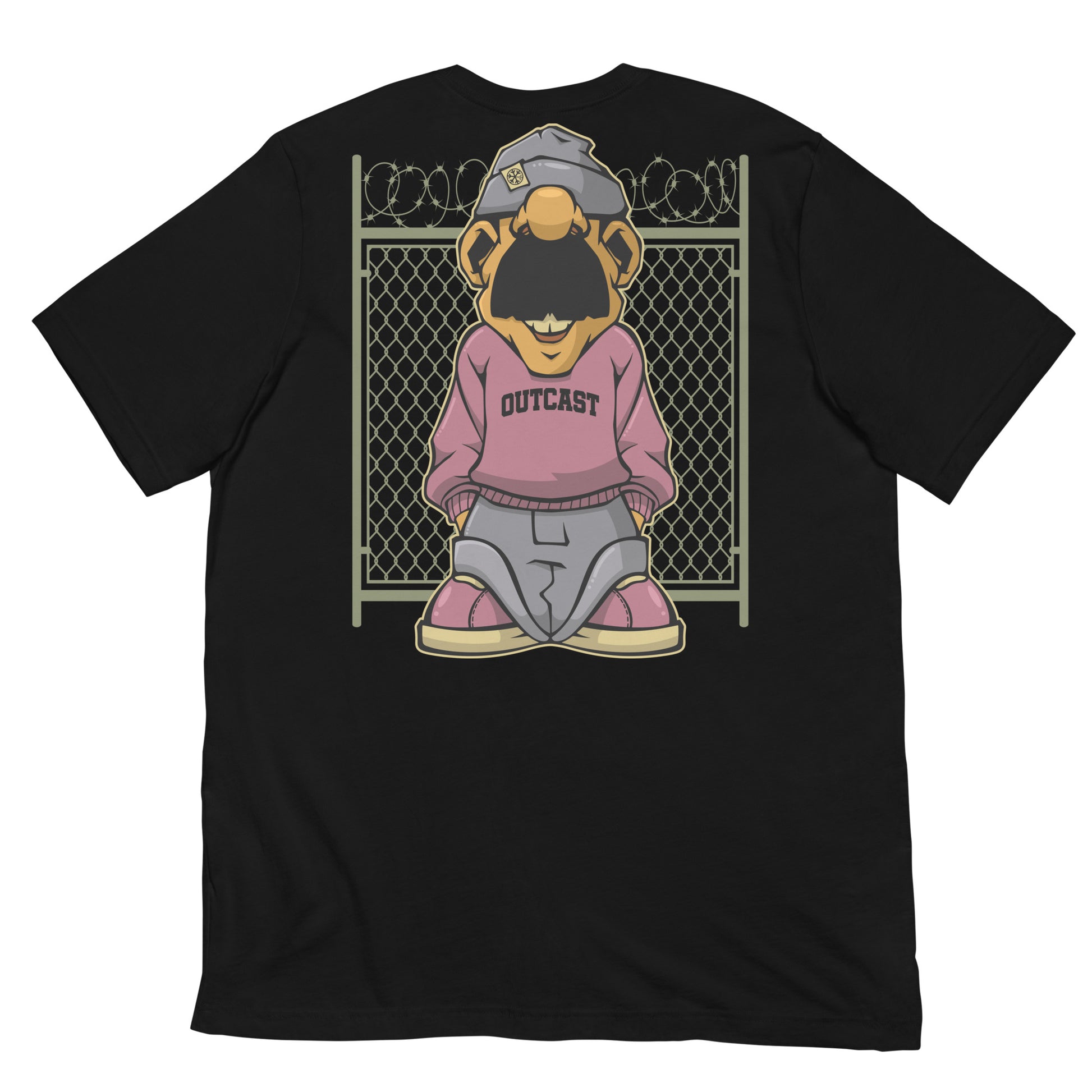 Black-Outcast Graffiti Character Tee from B.Different Clothing, back view, graffiti-inspired streetwear t-shirt