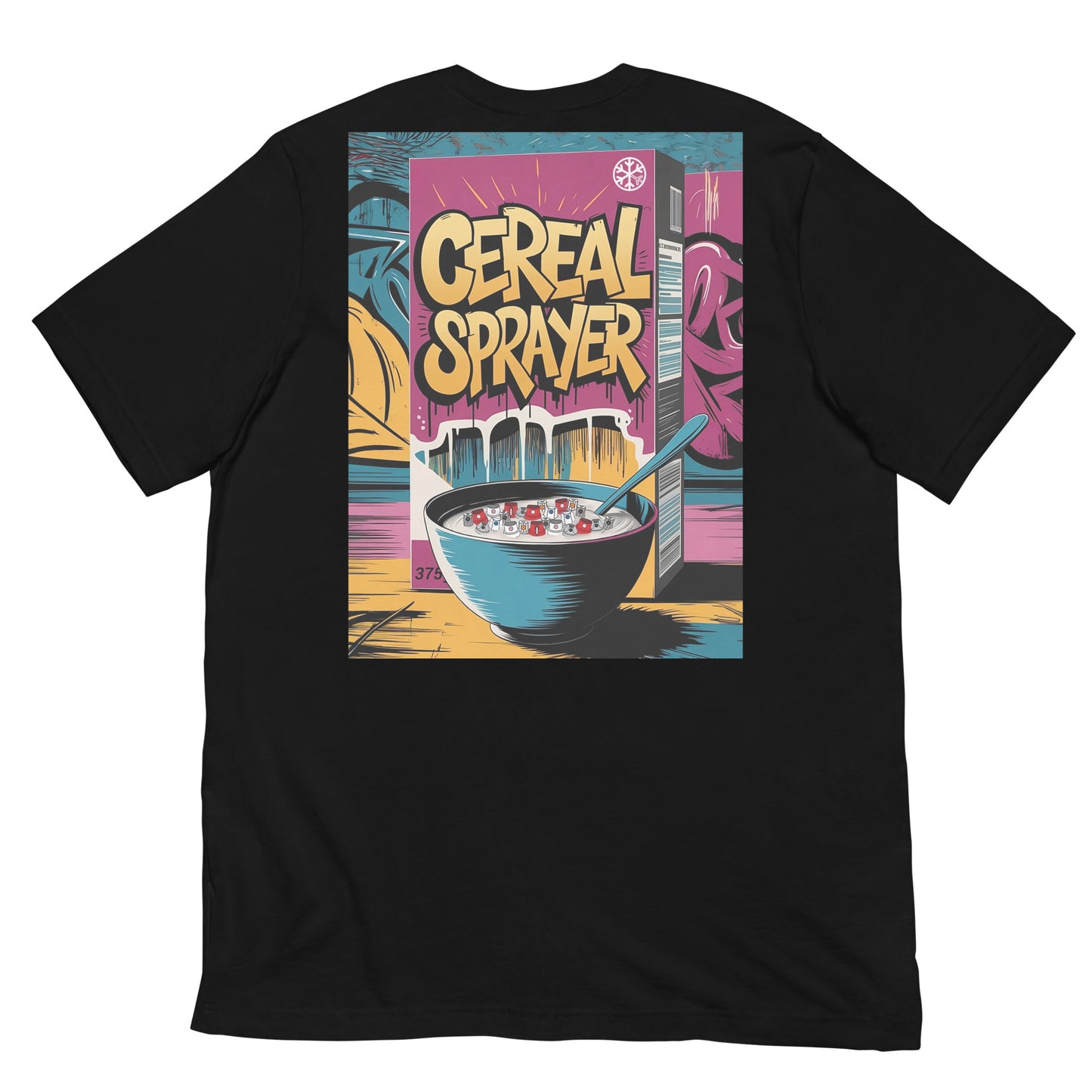 Black-Cereal Sprayer Graffiti Tee from B.Different Clothing, back view, graffiti-inspired streetwear t-shirt