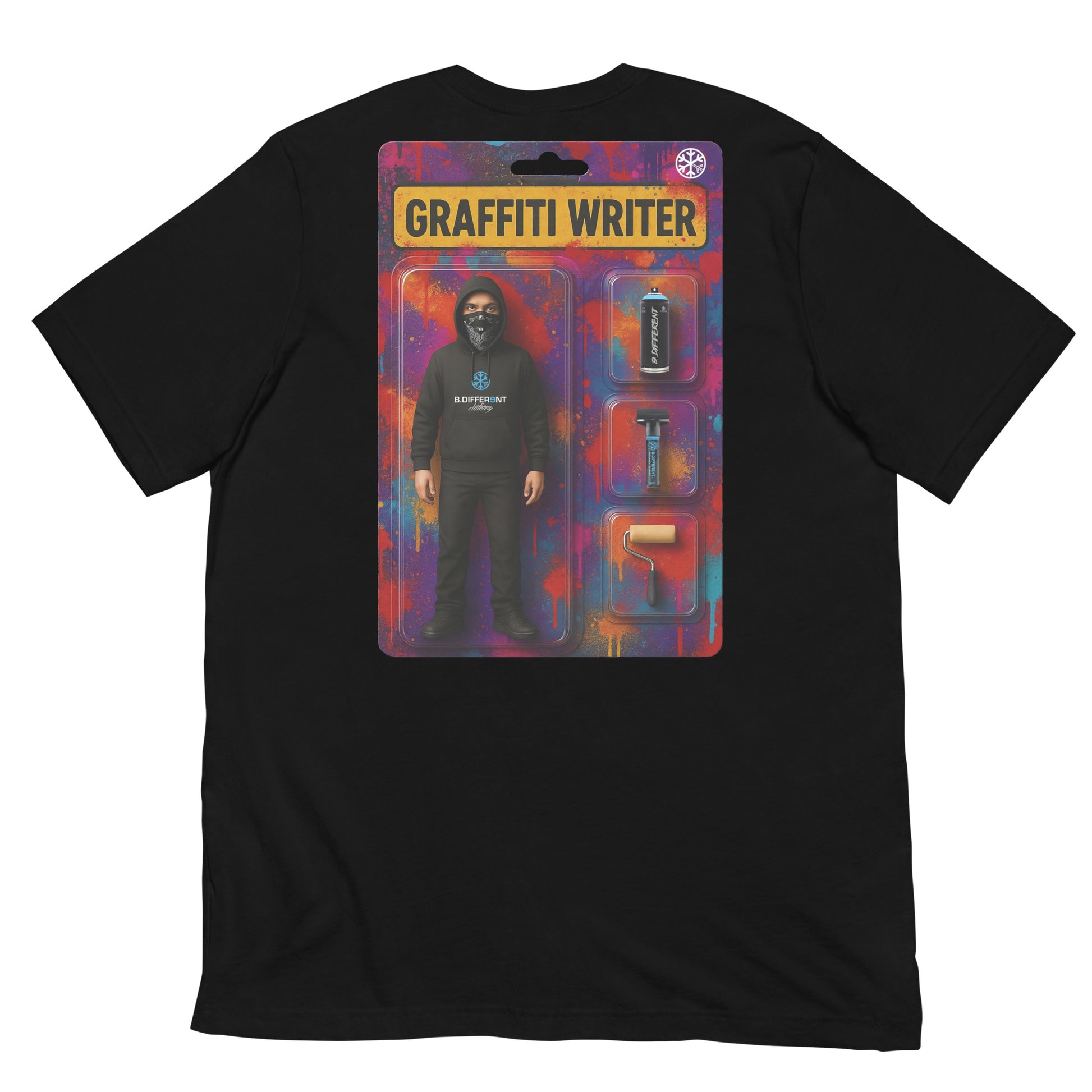 Black-Graffiti Artist Action Figure Tee from B.Different Clothing, back view, graffiti-inspired streetwear t-shirt