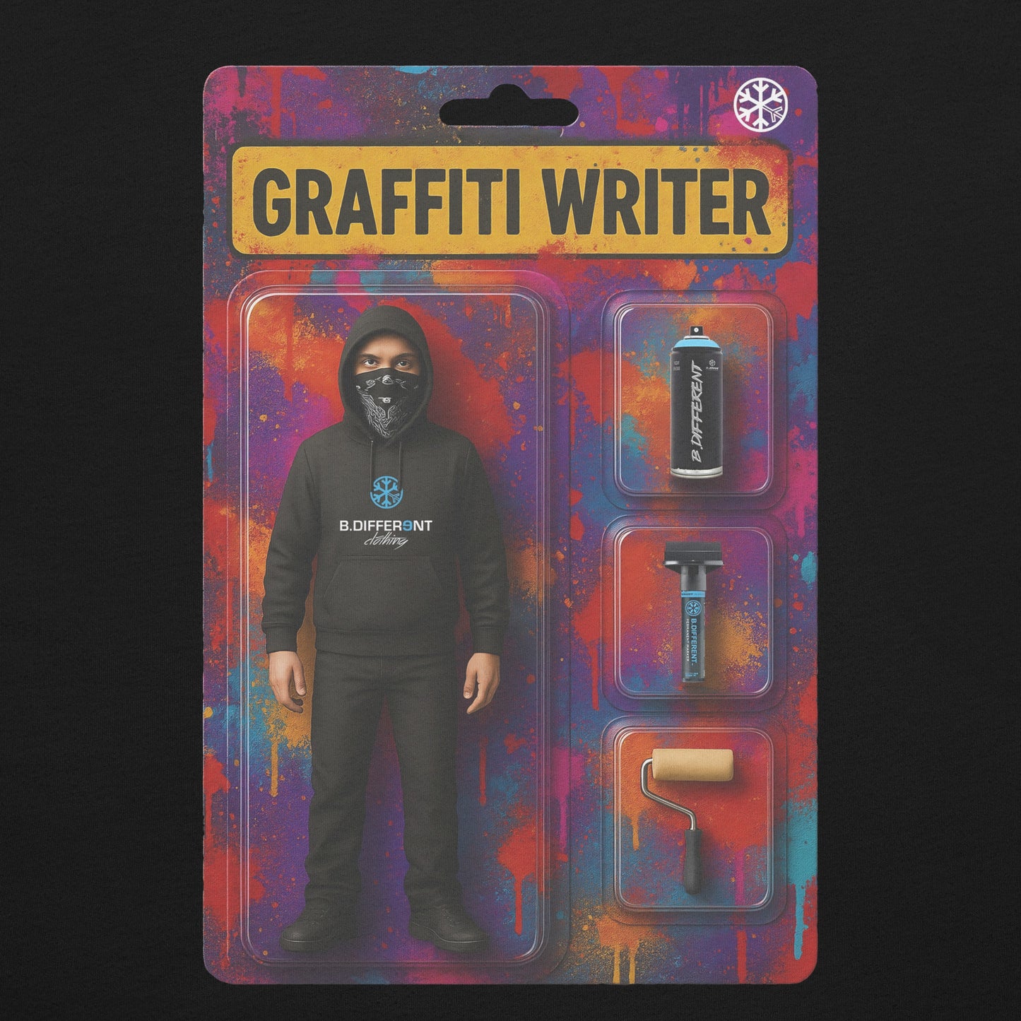 Black-Graffiti Artist Action Figure Tee from B.Different Clothing, graphic, graffiti-inspired streetwear t-shirt