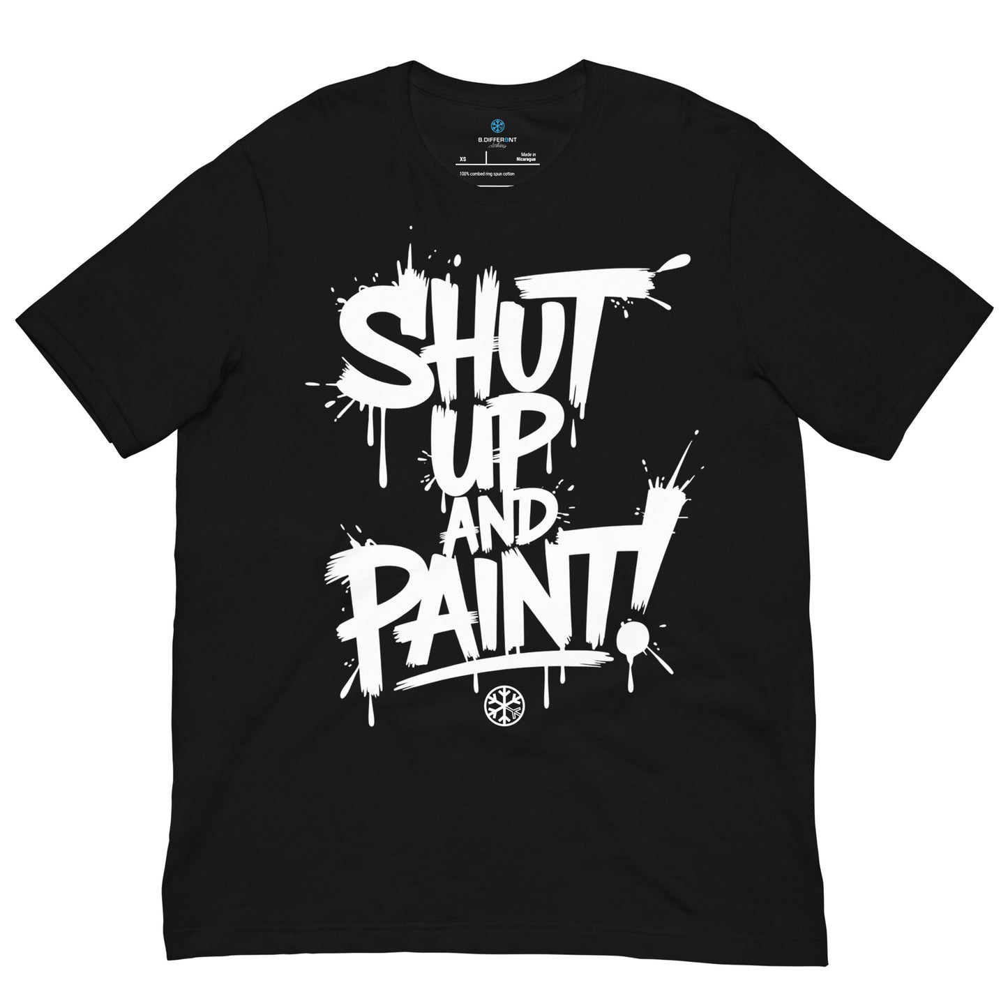 Black-Shut Up and Paint Graffiti Tee from B.Different Clothing, front view, graffiti-inspired streetwear t-shirt