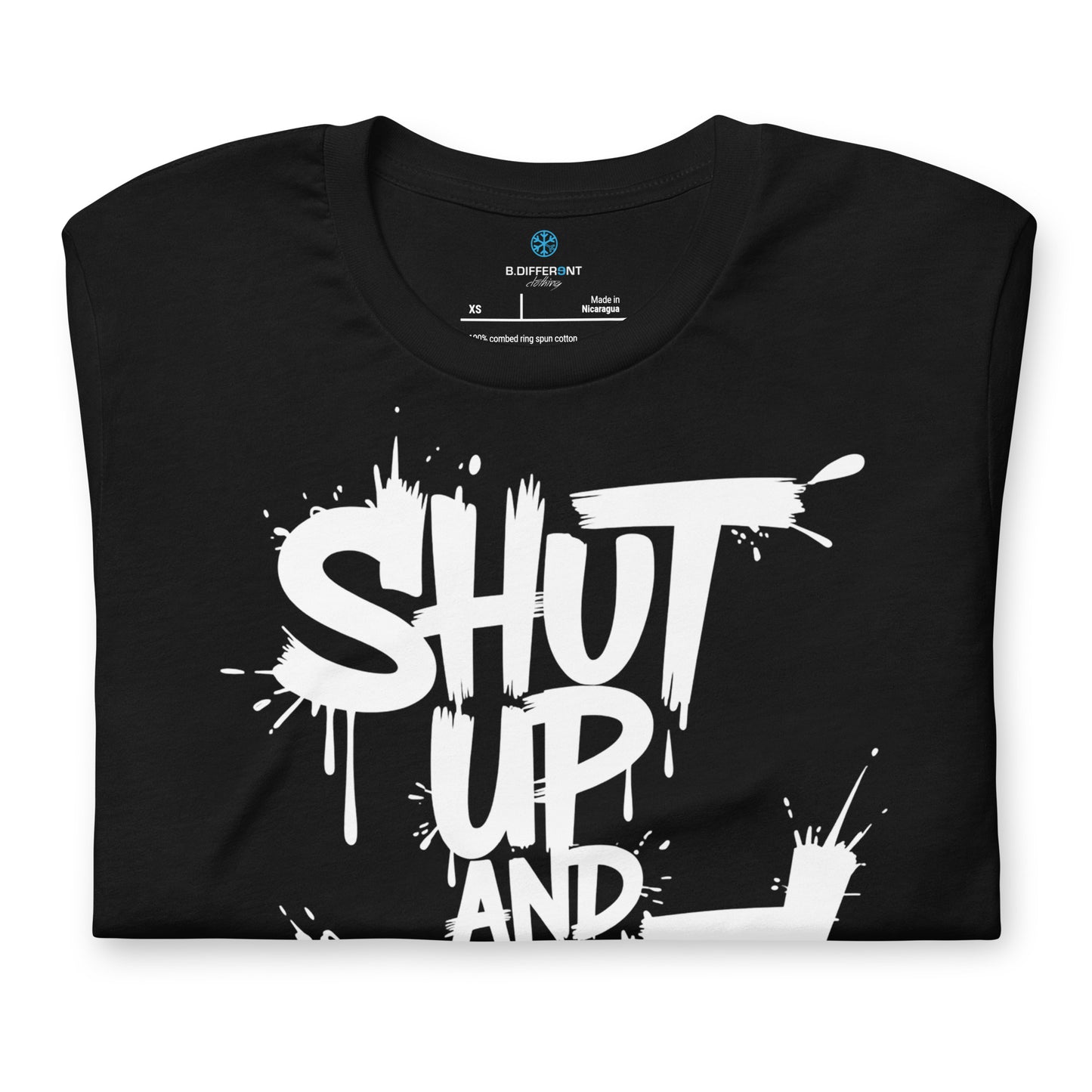 Black-Shut Up and Paint Graffiti Tee from B.Different Clothing, folded, graffiti-inspired streetwear t-shirt