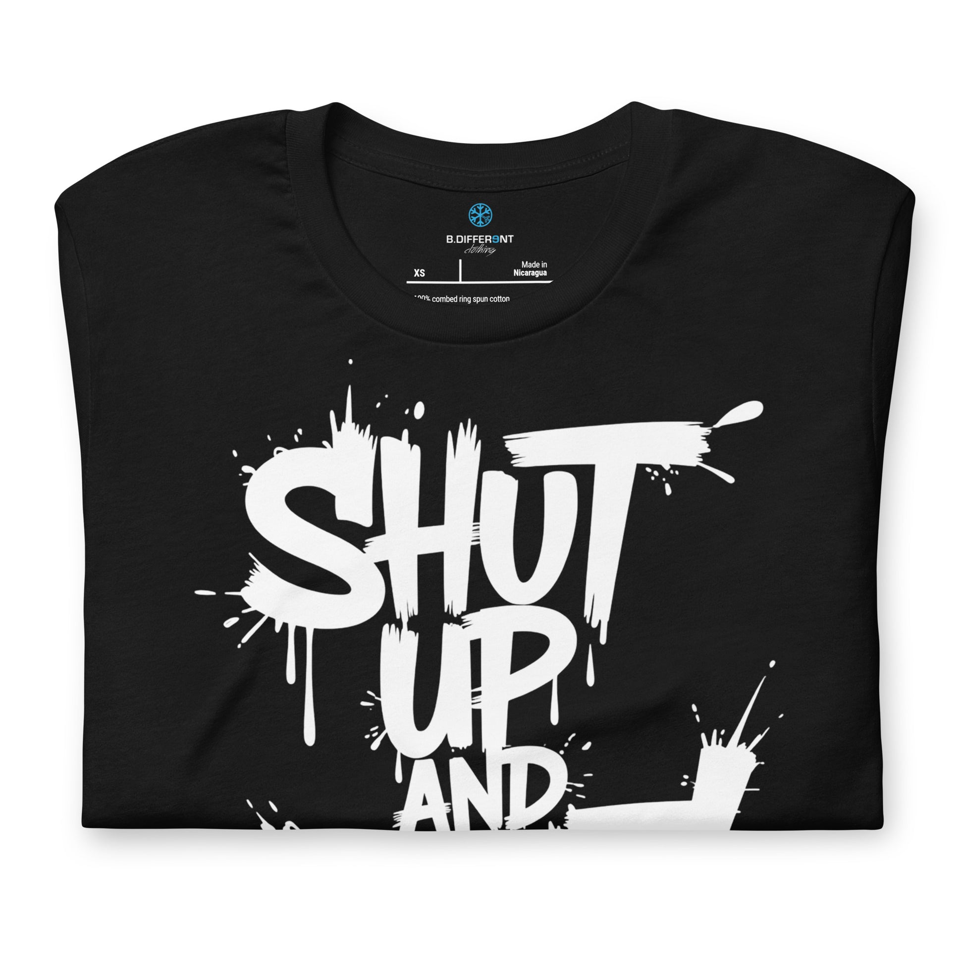 Black-Shut Up and Paint Graffiti Tee from B.Different Clothing, folded, graffiti-inspired streetwear t-shirt