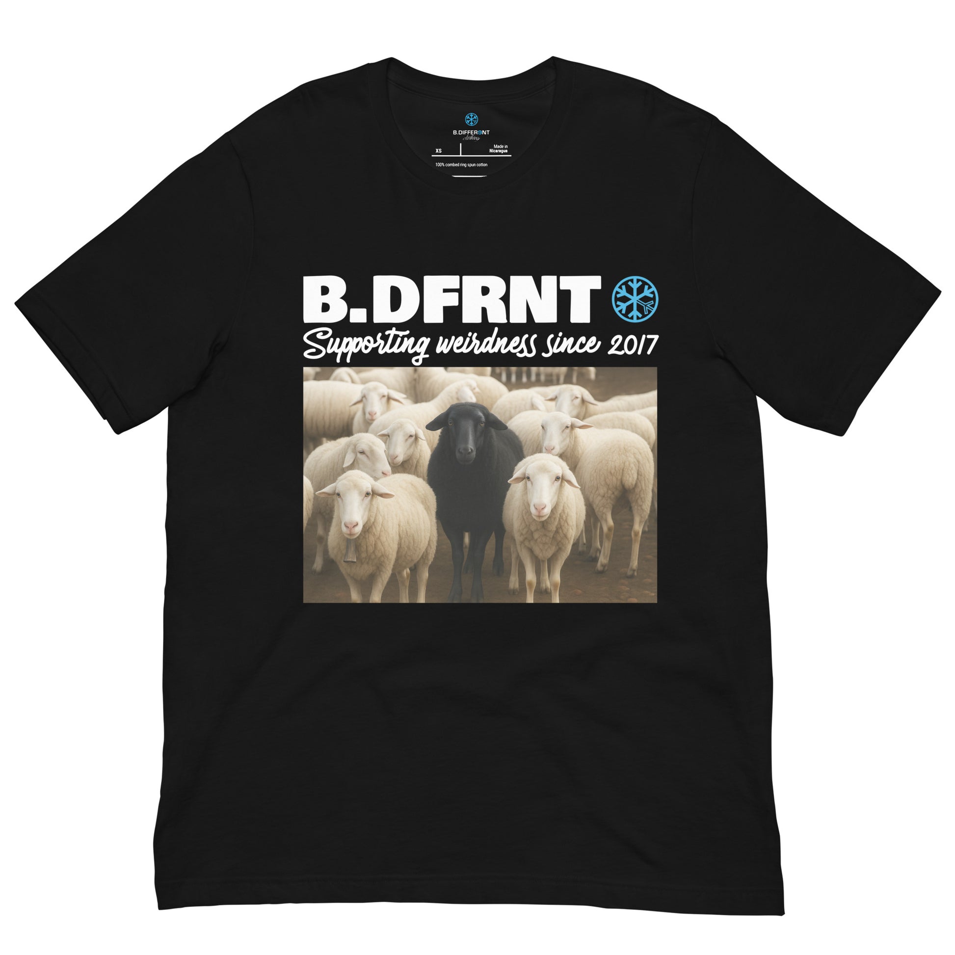 Black-Black Sheep Tee from B.Different Clothing, front view, graffiti-inspired streetwear t-shirt