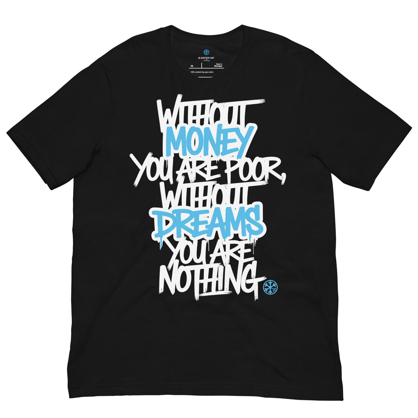 Black-Without Dreams You Are Nothing Graffiti Tee from B.Different Clothing, front view, graffiti-inspired streetwear t-shirt