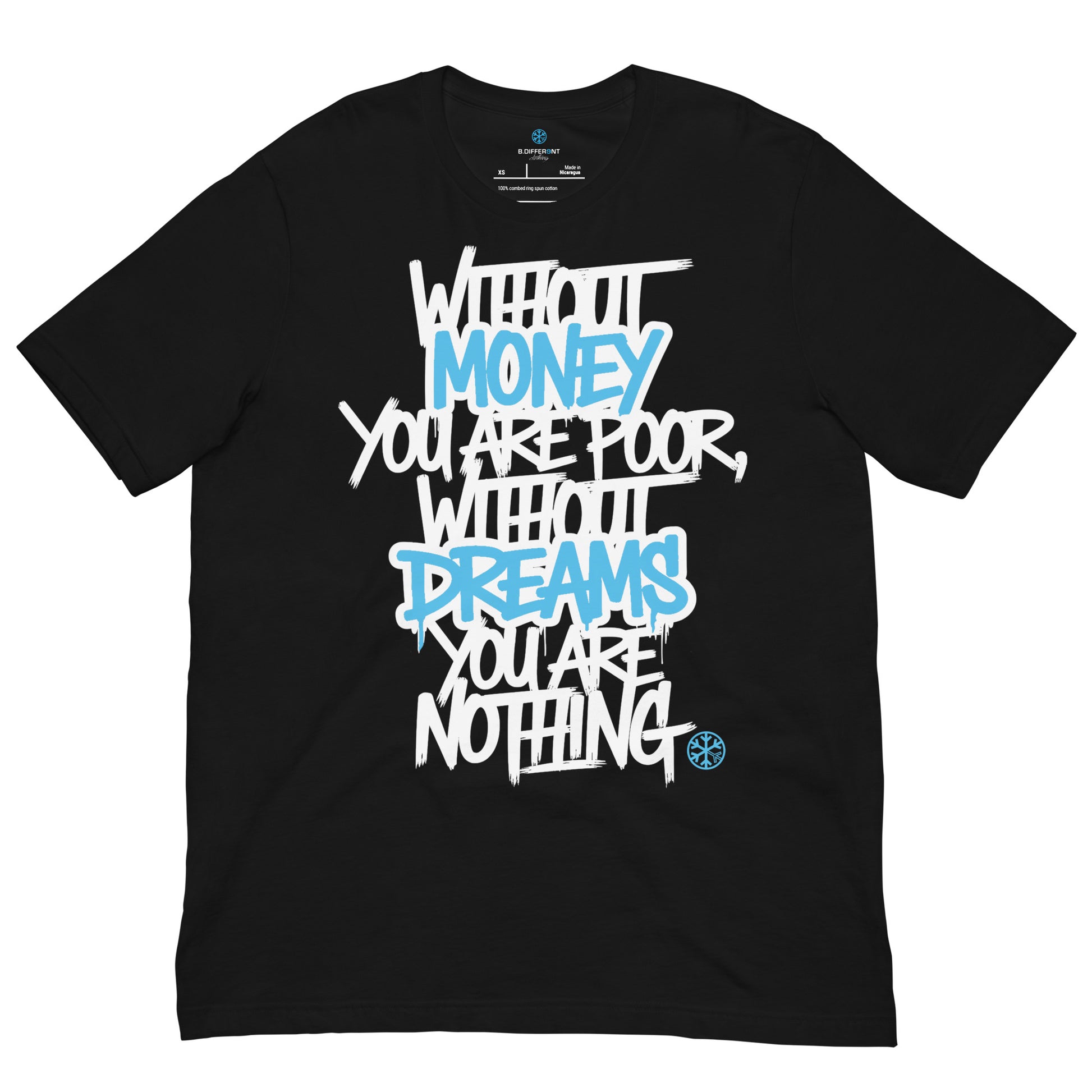 Black-Without Dreams You Are Nothing Graffiti Tee from B.Different Clothing, front view, graffiti-inspired streetwear t-shirt